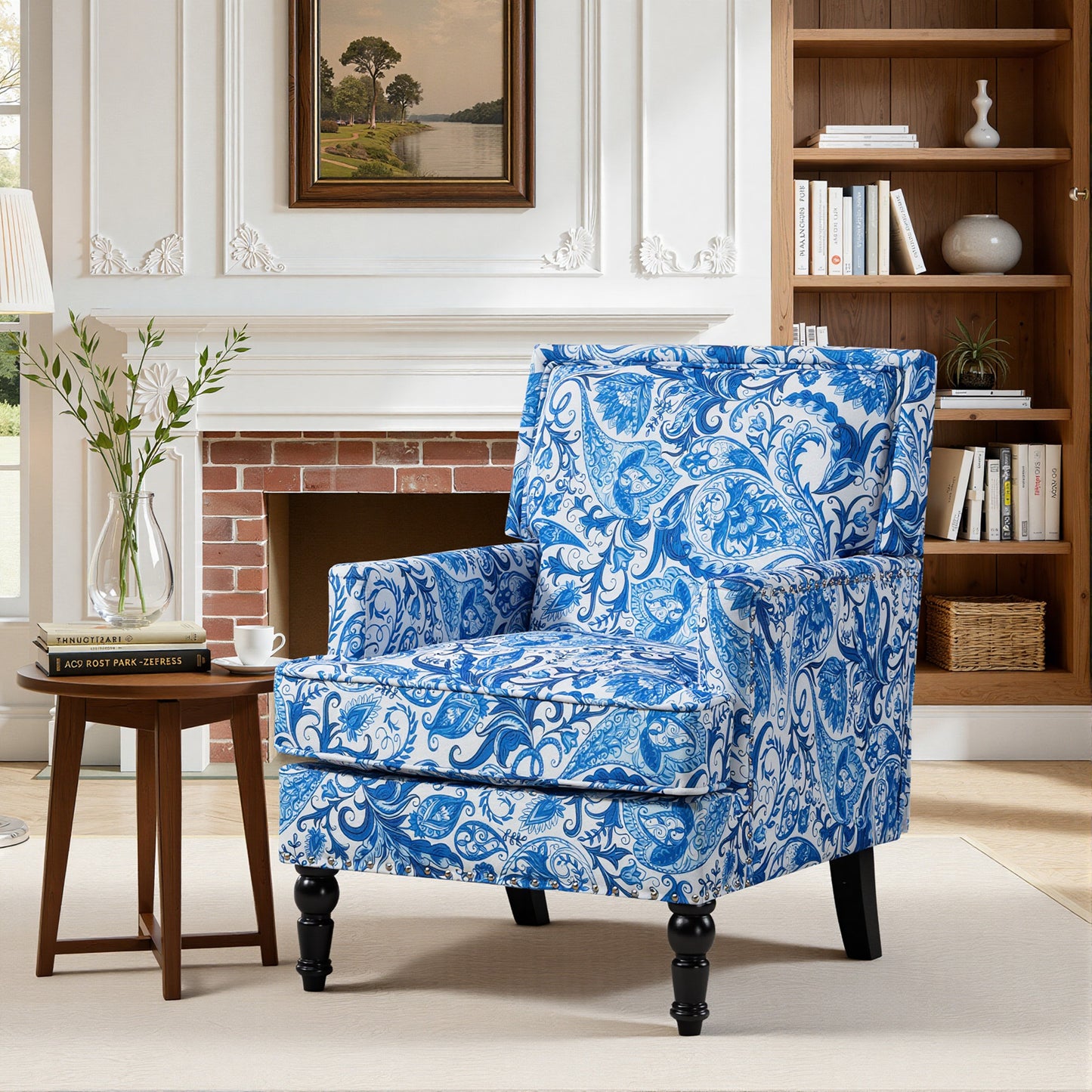 LEGAHOME Vintage Accent Chair, Upholstered Armchair with Nailhead Trim, Linen Fabric Arm Chair Comfort Reading Chair Lounge Chair for Living Room Bedroom Sunroom, Blue(1PC)