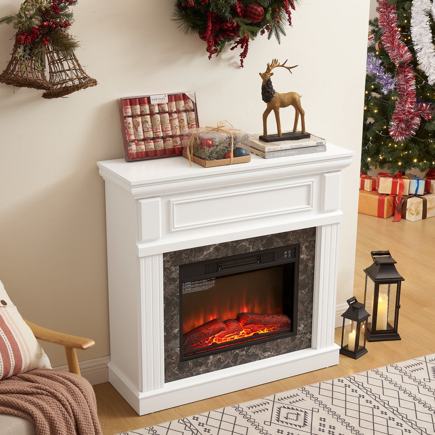 Electric Fireplace with Panel, 23'' Freestanding Fireplace Heater with Adjustable Flame, TV Stand for 42 inch TV, Living Room Bedroom, 1400W