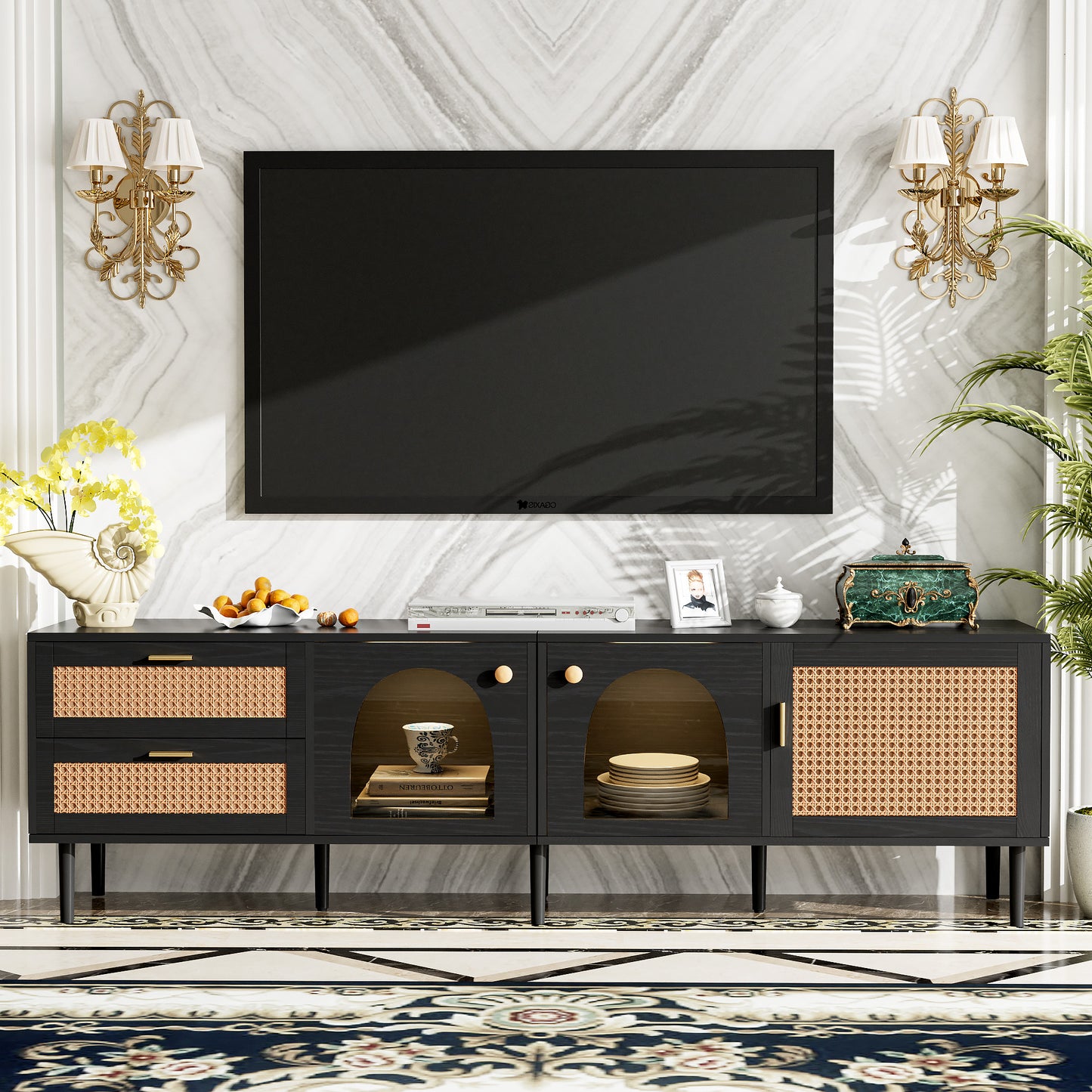 PORKISS TV Stand for 80 Inch TV, Modern TV Cabinet with Glass Doors and 2 Storage Drawers, Wood Top, Media Console Table Entertainment Center for Living Room, Black