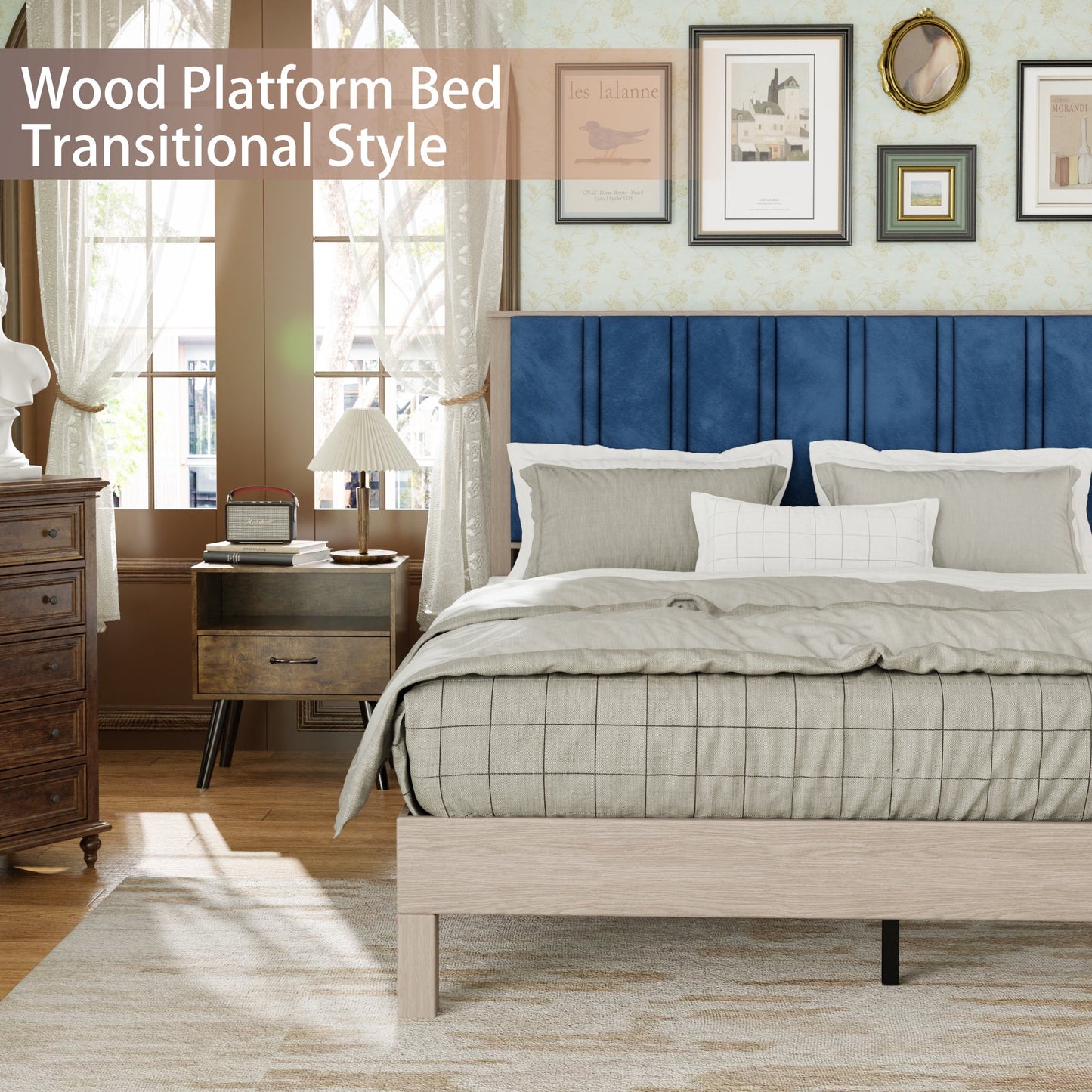 Full Wood Bed Frame with Upholstered Headboard, Classic Platform Bed Frame with Durable Wood Slats, No Box Spring Needed