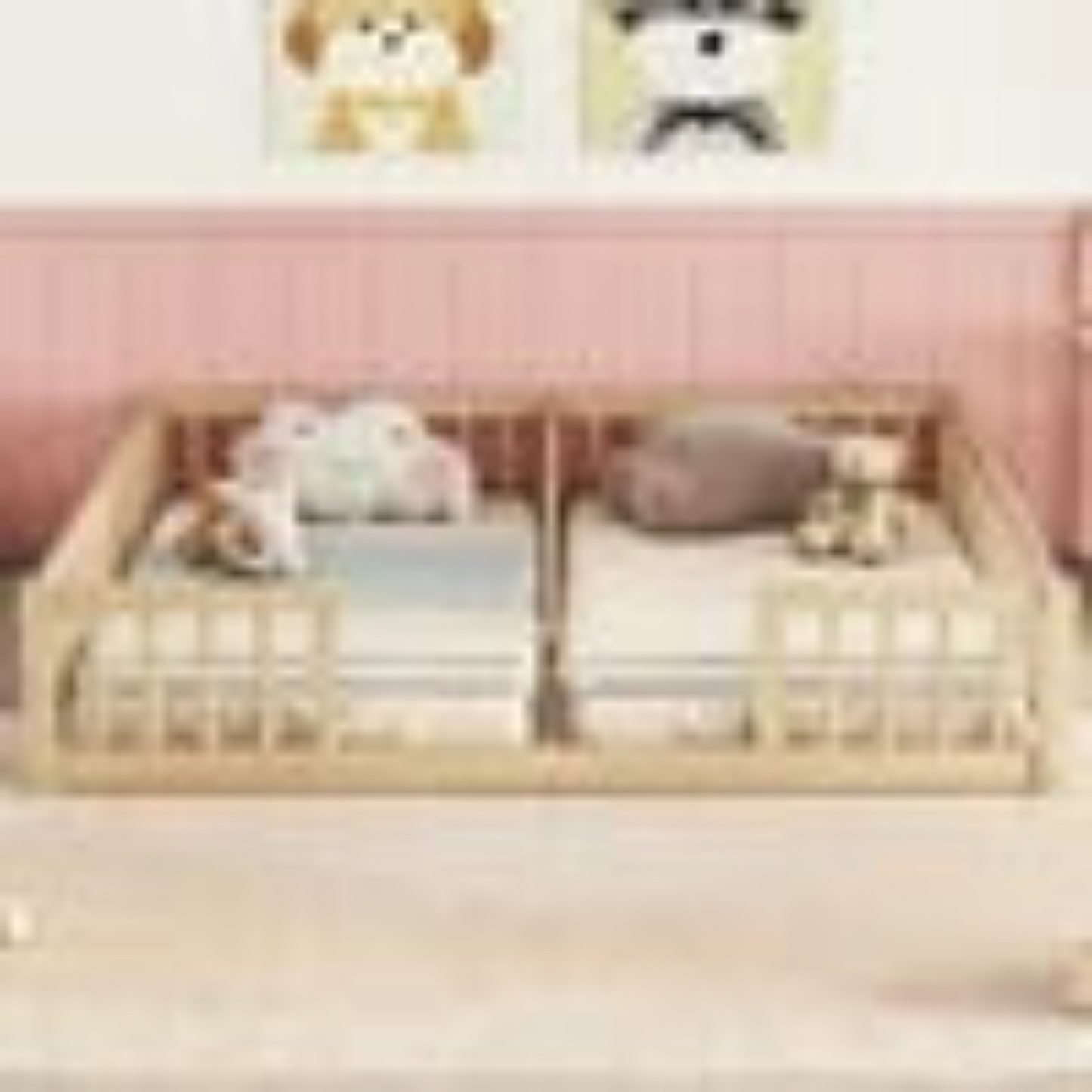 Double Montessori Twin Floor Bed with Fence, Double Twin Size Bed Frame for Kids Boys Girls, Natural