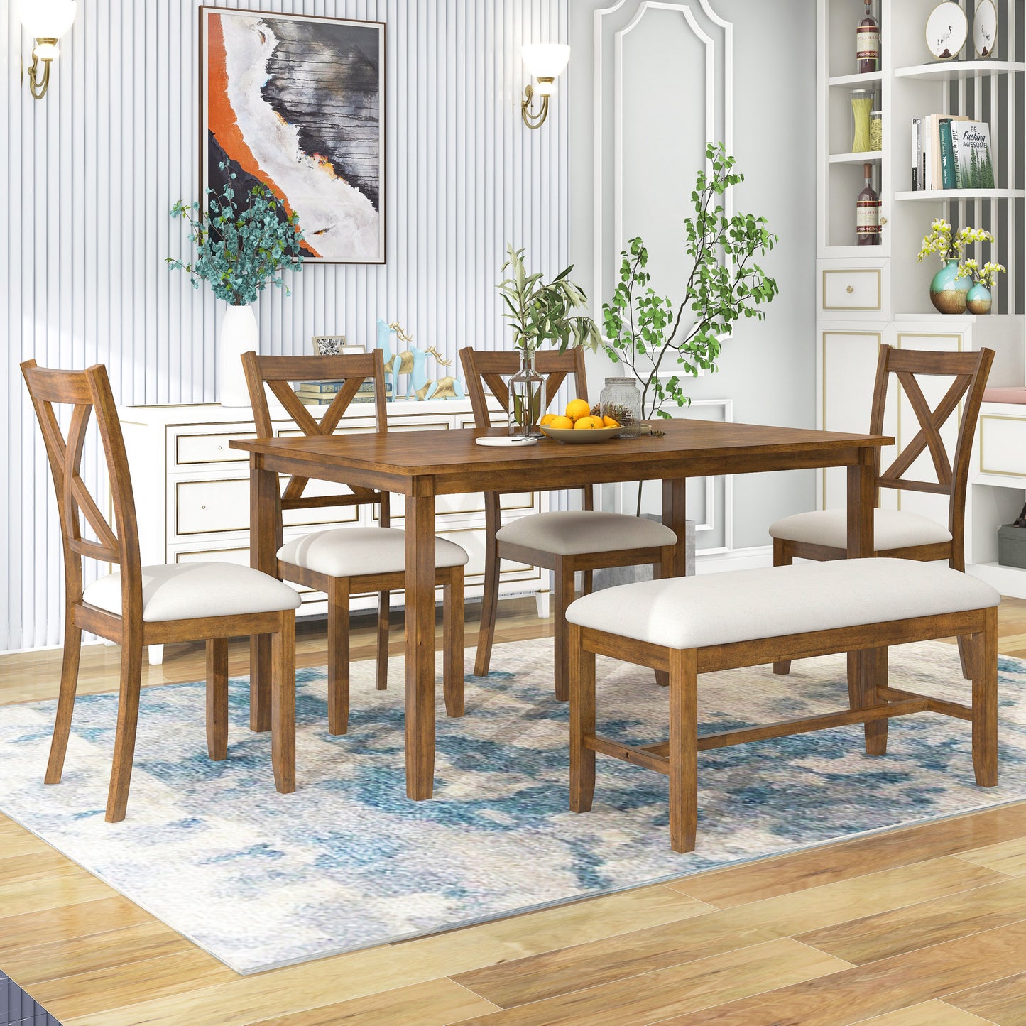 Dining Room Table Set for 6, New Upgraded Solid Wood Dining Table Set with Upholstered Bench and 4 Dining Chairs, Farmhouse Style Wooden Kitchen Table and Chairs,White