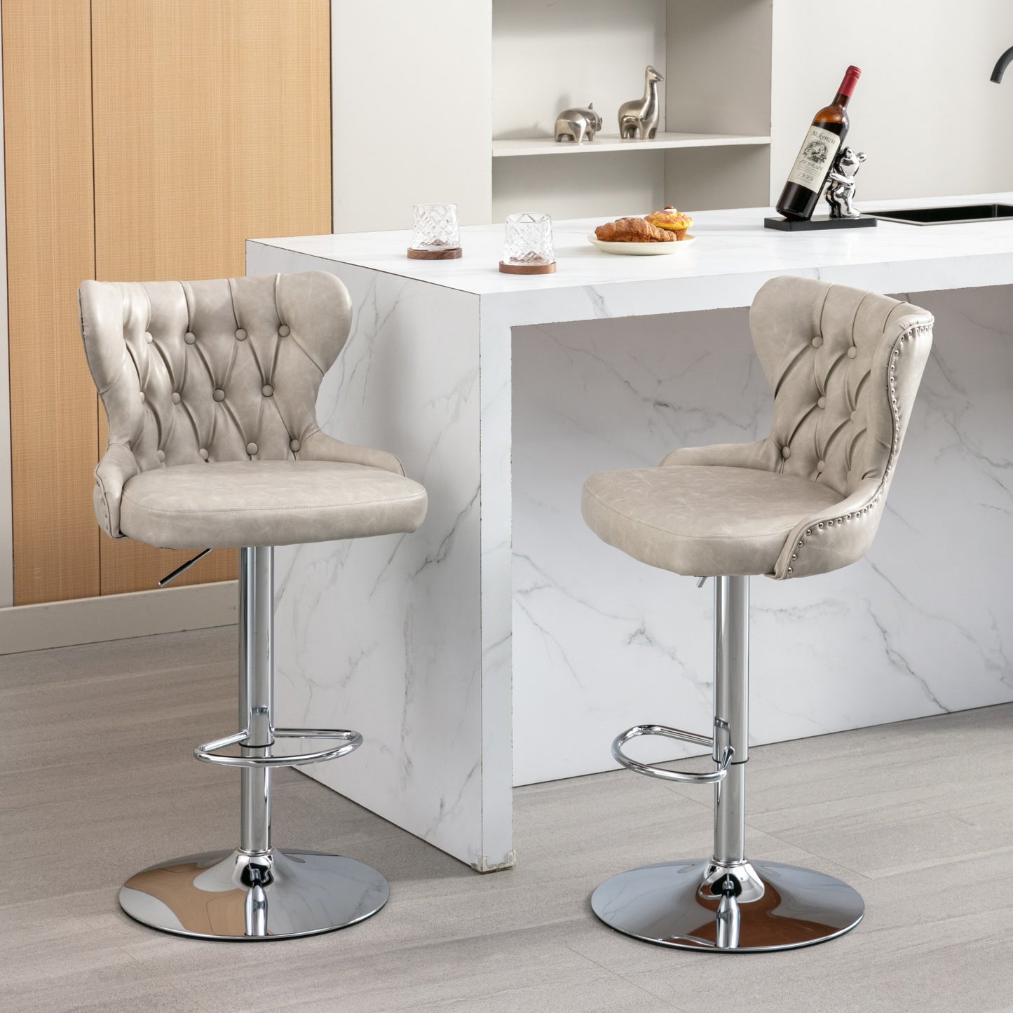 Swivel Bar Stools Set of 2, Adjustable Velvet Counter Height Bar Stools with Tufted Back and Chrome Base,Olive-Green