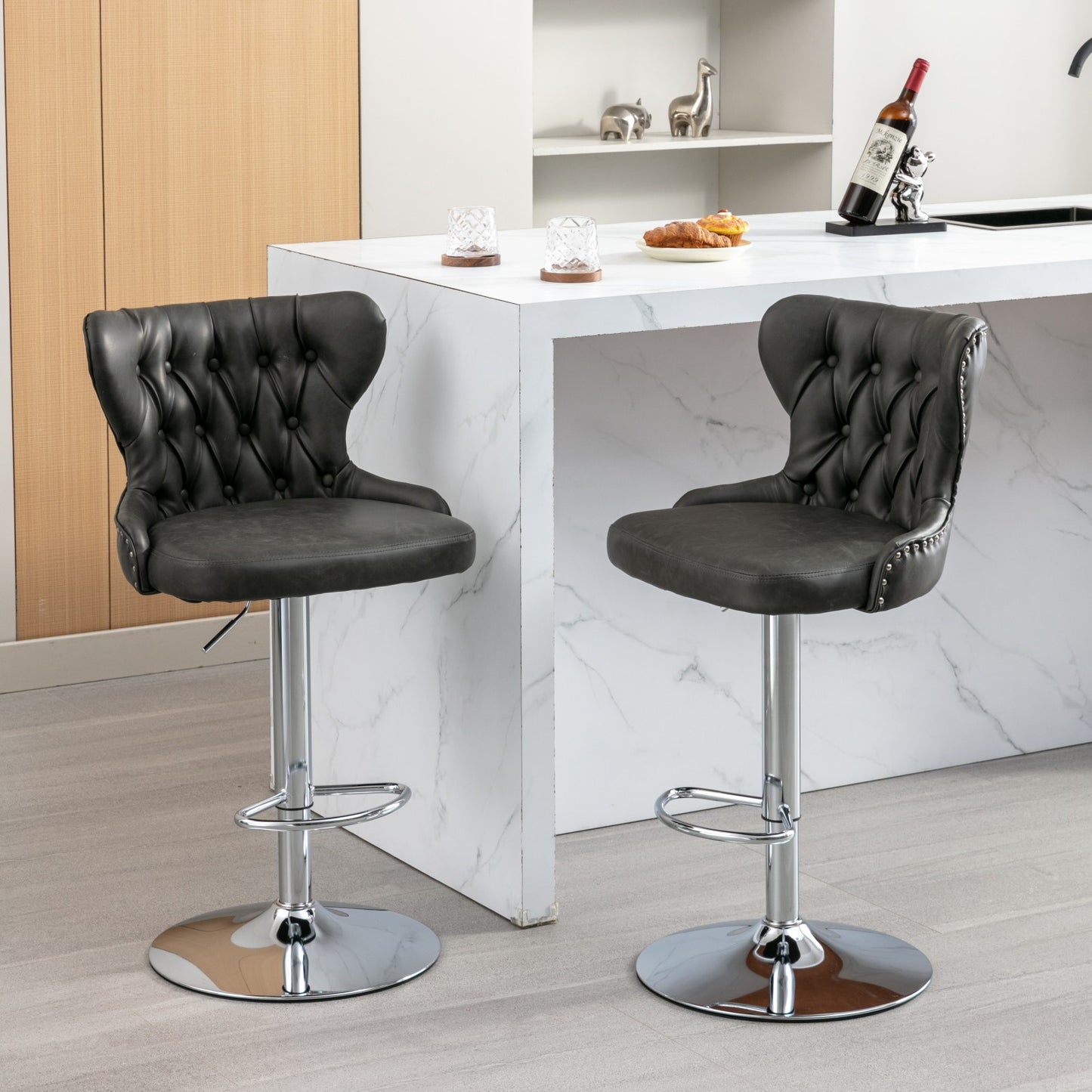 Swivel Bar Stools Set of 2, Adjustable Velvet Counter Height Bar Stools with Tufted Back and Chrome Base,Olive-Green