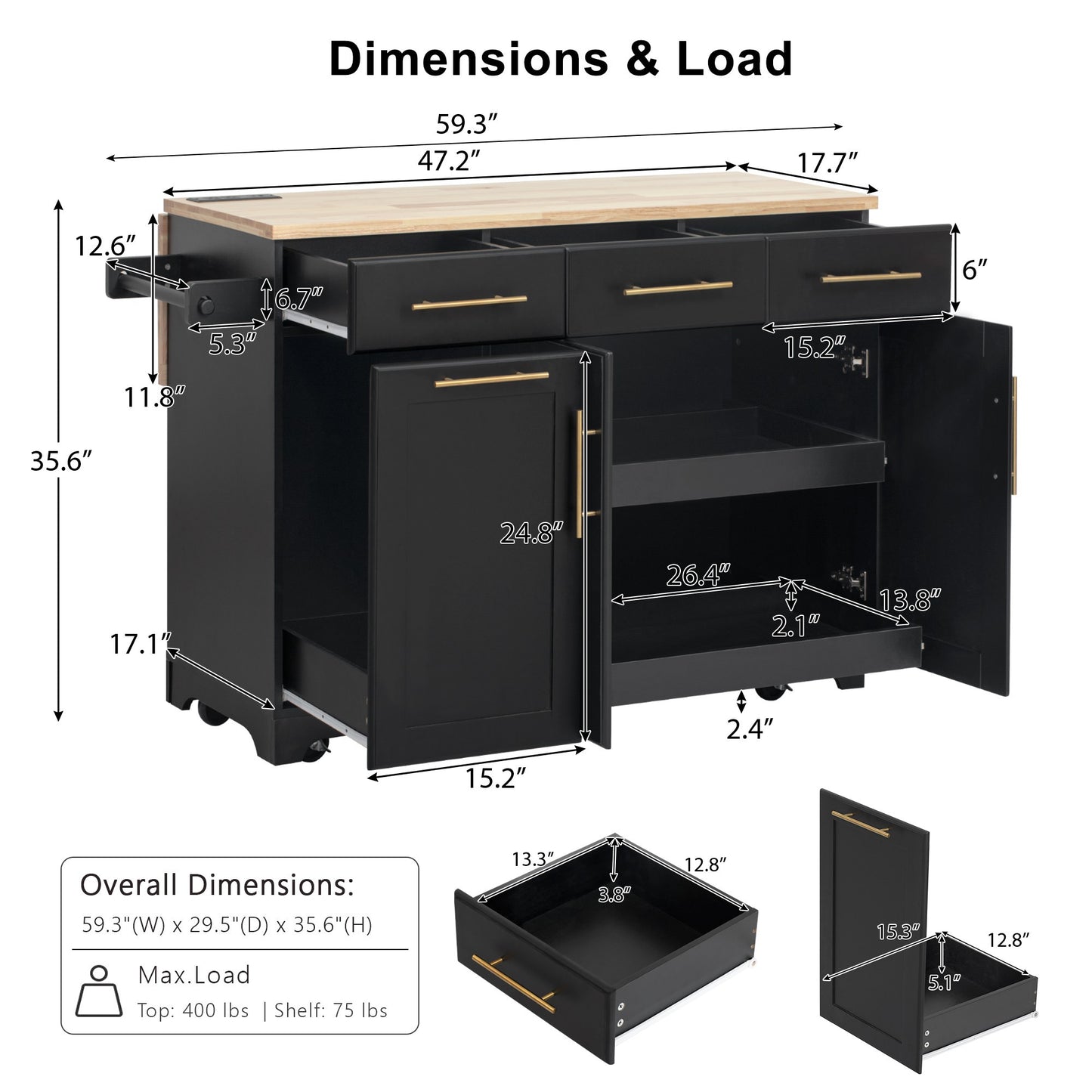 LEGAHOME 59.3” Kitchen Island with Rubberwood Drop-Leaf Top