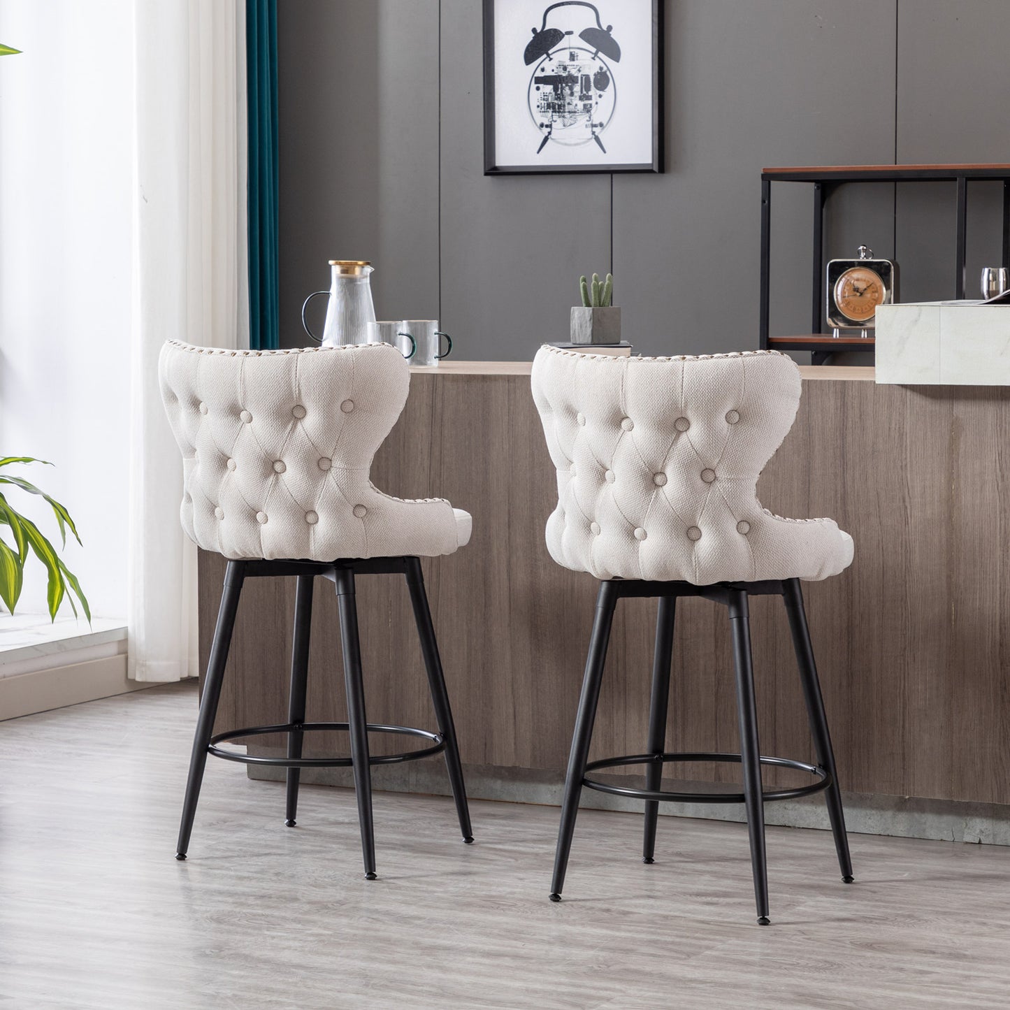 Counter Height Bar Stools Set of 2, Velvet Upholstered Bar Chairs with Nailheads & Gold Tipped Black Metal Legs, Beige