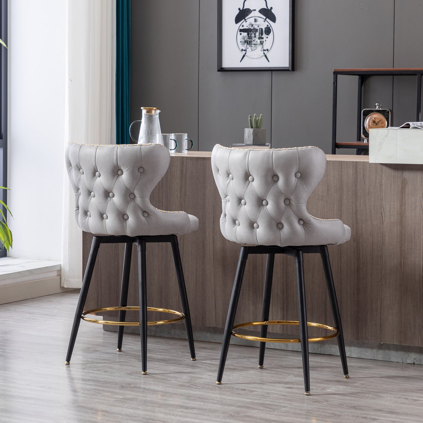 Counter Height Bar Stools Set of 2, Velvet Upholstered Bar Chairs with Nailheads & Gold Tipped Black Metal Legs, Beige