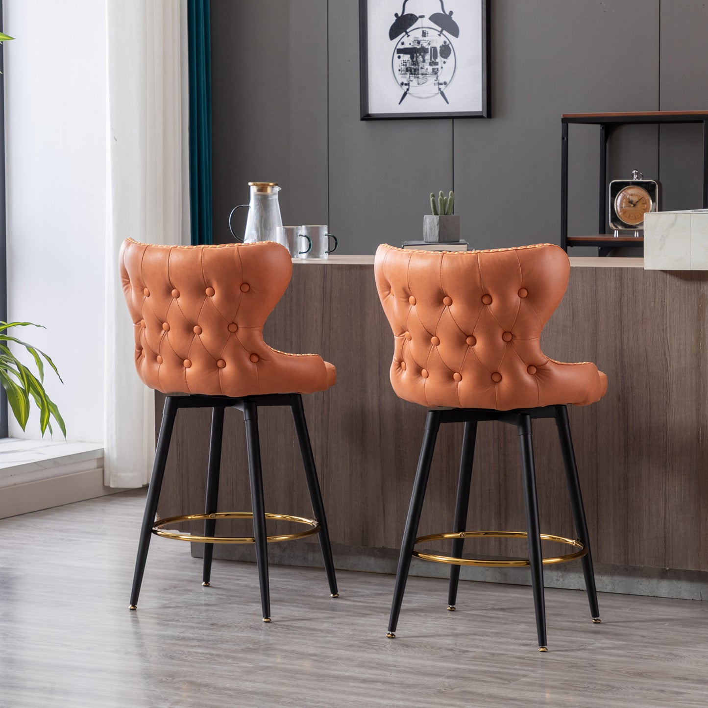 Counter Height Bar Stools Set of 2, Velvet Upholstered Bar Chairs with Nailheads & Gold Tipped Black Metal Legs, Beige