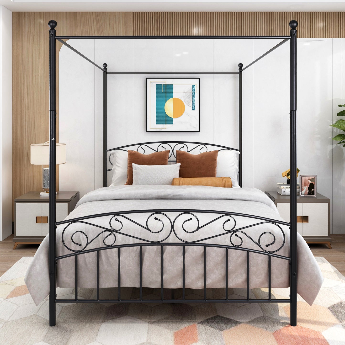 Queen Canopy Bed Frame, BTMWAY Queen Size Metal Platform Bed, Modern Bedroom Furniture Canopy Platform Bed with X Shaped Headboard and Footboard, 600lbs Capacity, No Box Spring Needed, Black