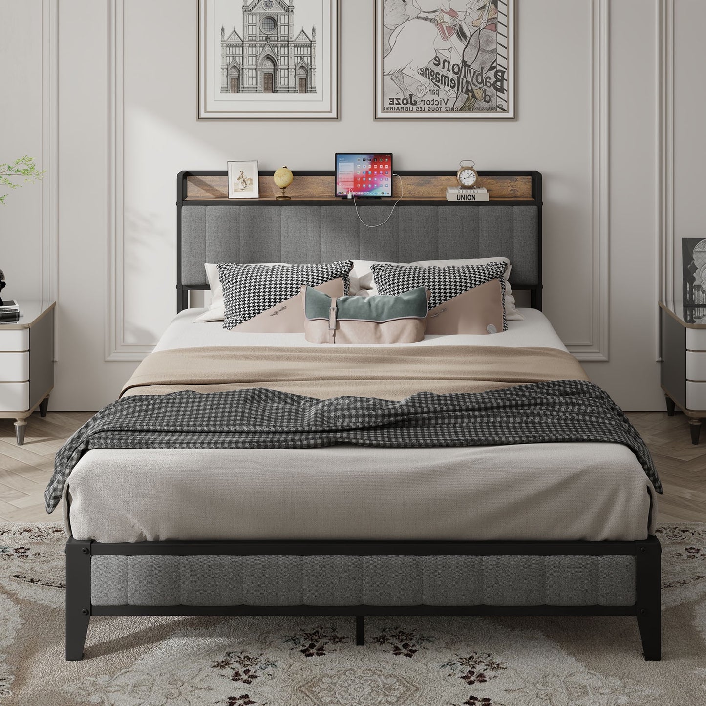 BTMWAY Full Size Bed Frame, Metal Platform Bed with Upholstered Headboard and Footboard, Heavy Duty Full Bed with Open Shelf,  No Box Spring Needed, Gray