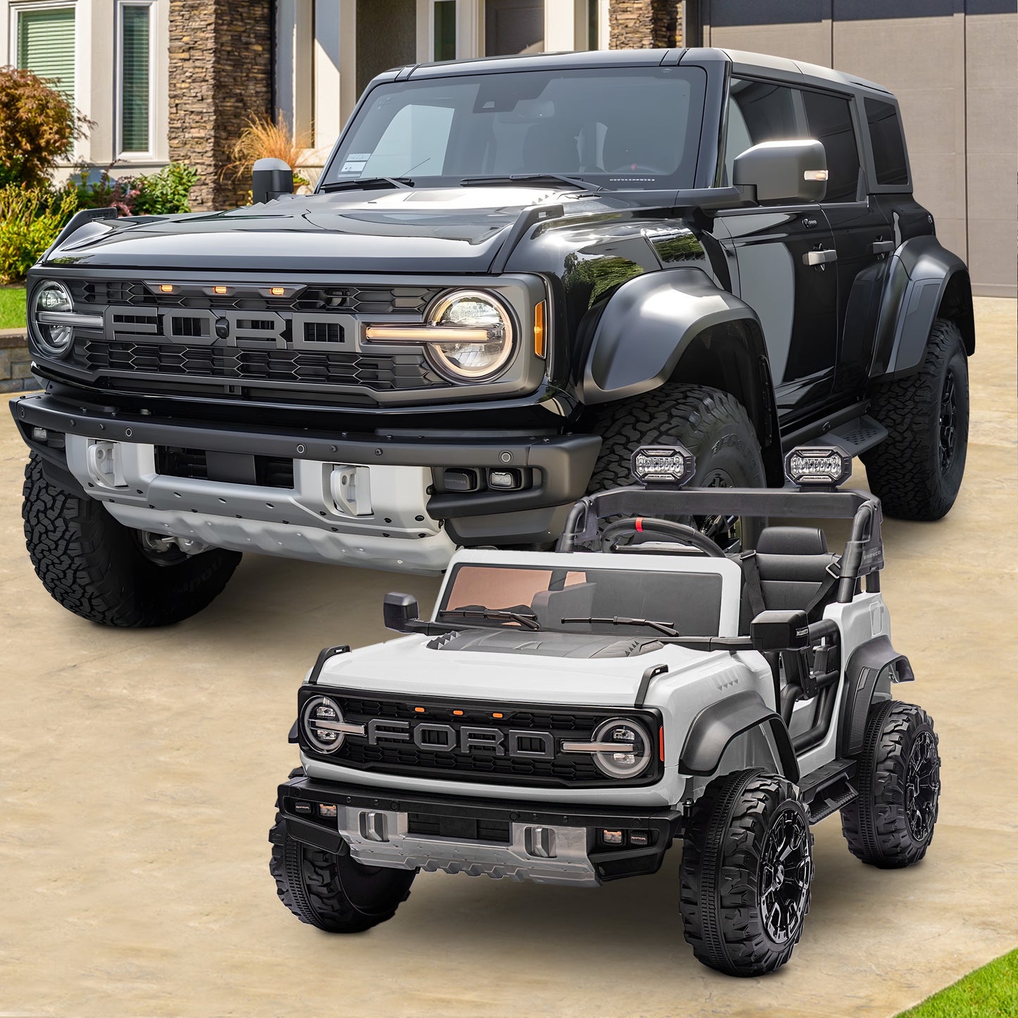 24V 2 Seater Ride on Toy Car, Licensed Ford Bronco Raptor Ride on Trucks with Remote Control, Bluetooth Music Player, Spring Suspension, Battery Powered Electric Car for Kids Boys Girl Ages 3-8, White