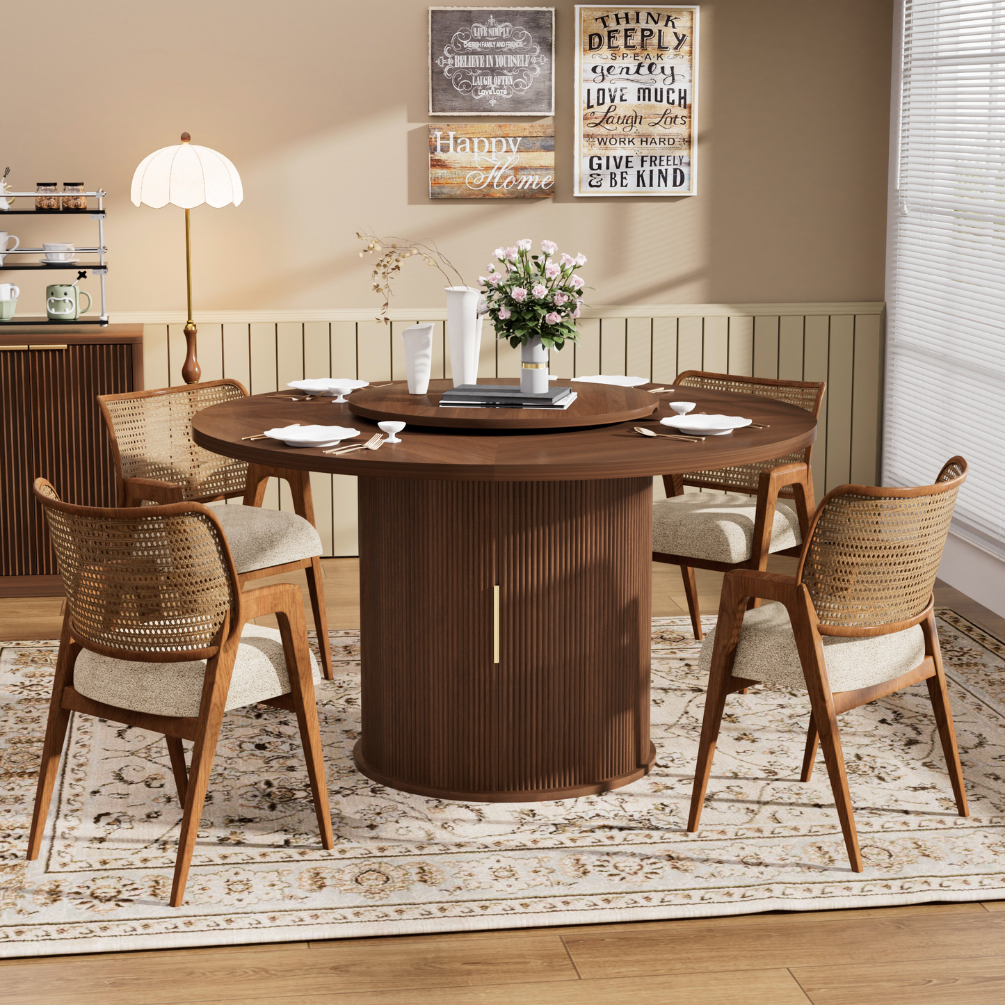 47.5in Round Dining Table, LEGAHOME Wood Round Table for 6, Kitchen Dining Table with Pedestal Base for Dining Room, Brown(Only Table)