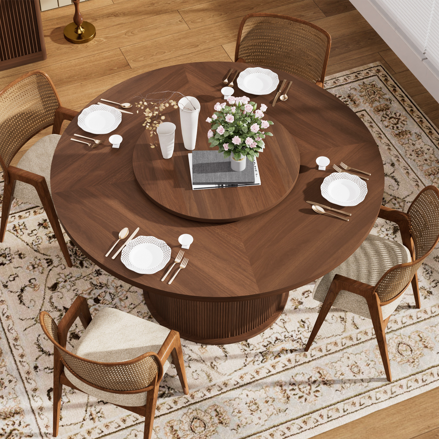 47.5in Round Dining Table, LEGAHOME Wood Round Table for 6, Kitchen Dining Table with Pedestal Base for Dining Room, Brown(Only Table)