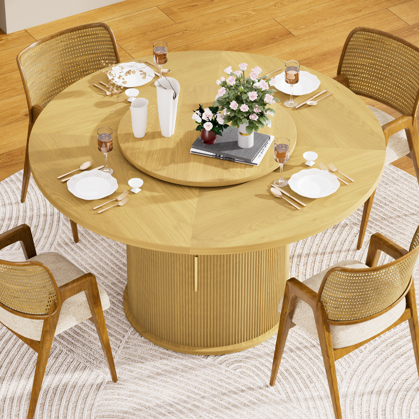 47.5in Round Dining Table, LEGAHOME Wood Round Table for 6, Kitchen Dining Table with Pedestal Base for Dining Room, Brown(Only Table)