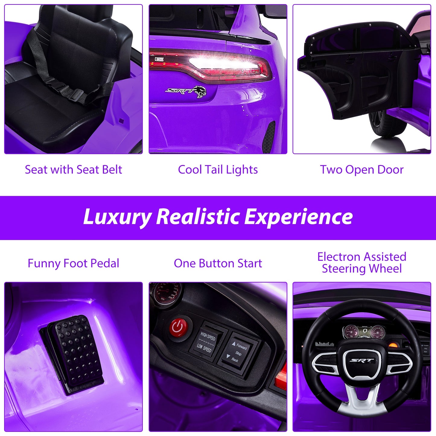 Legahome Purple 12v Kids Electric Cars, Licensed Dodge Charger Kids Ride on Cars with Remote Control, Battery Powered Ride on Toys with Bluetooth, Music, USB, MP3, 4 Wheel Suspension