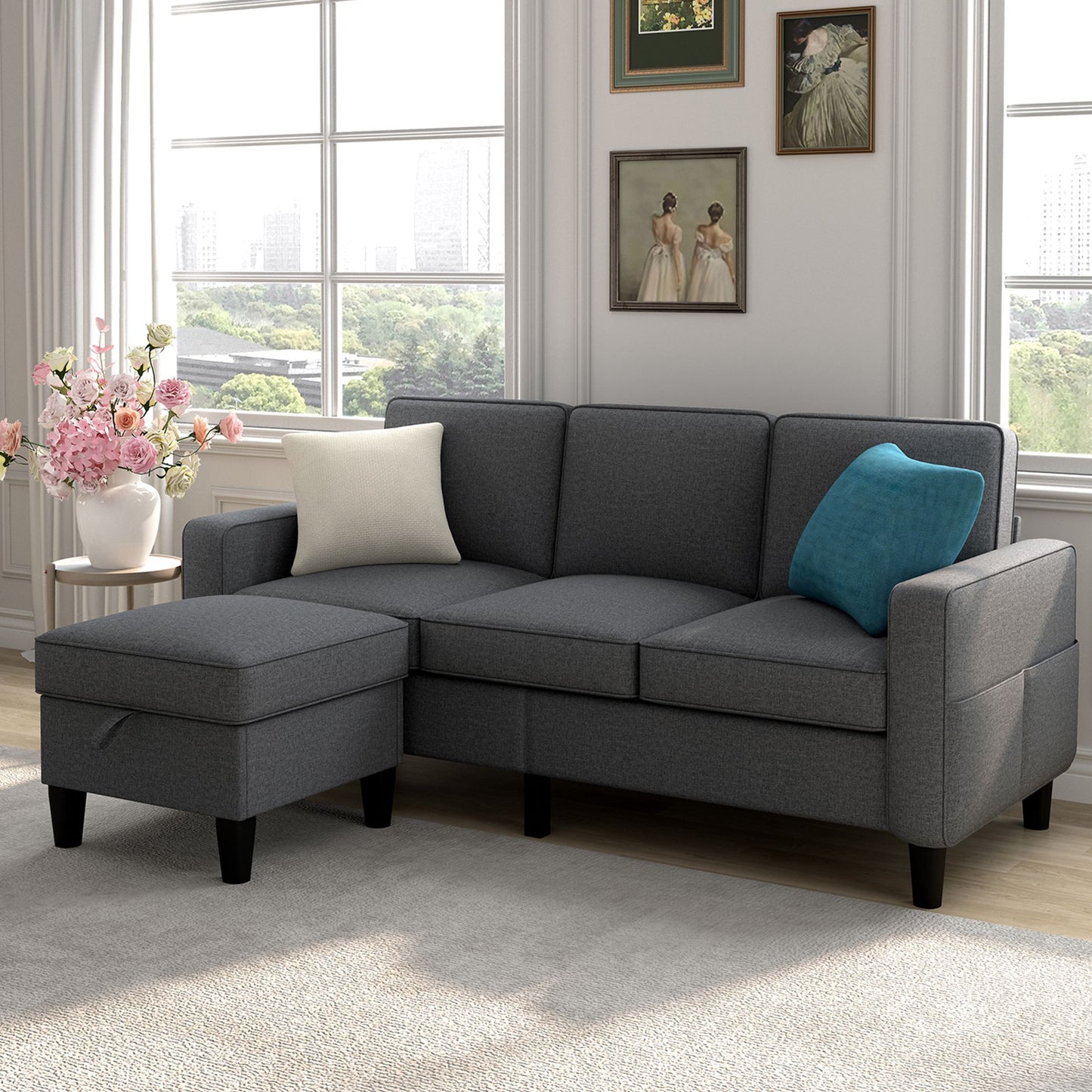 Convertible Sectional Sofa with Storage Ottoman, Modern 3 Seater Modular Sectional Couch, Dark Gray