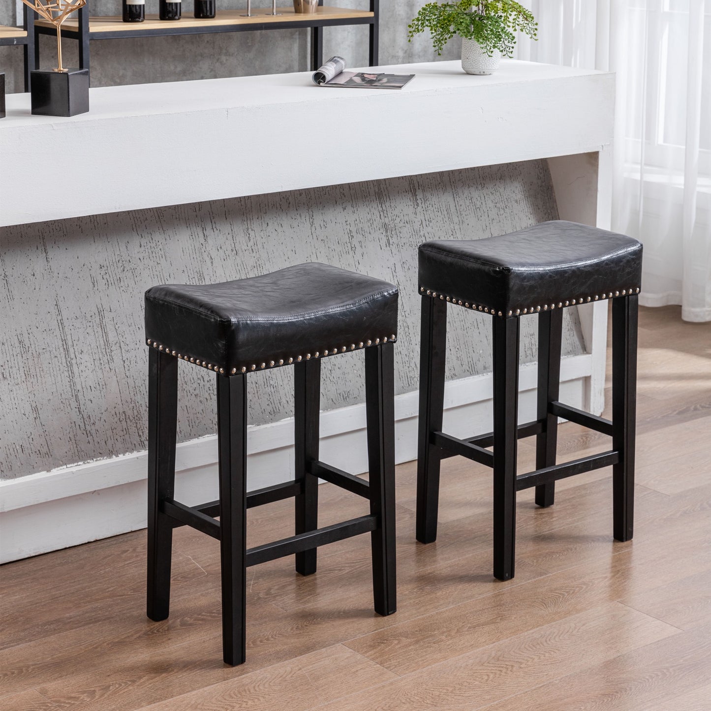 29" Bar Stools Set of 2, Faux Leather Backless Counter Height Barstools, Farmhouse Island Chairs for Kitchen, Brown