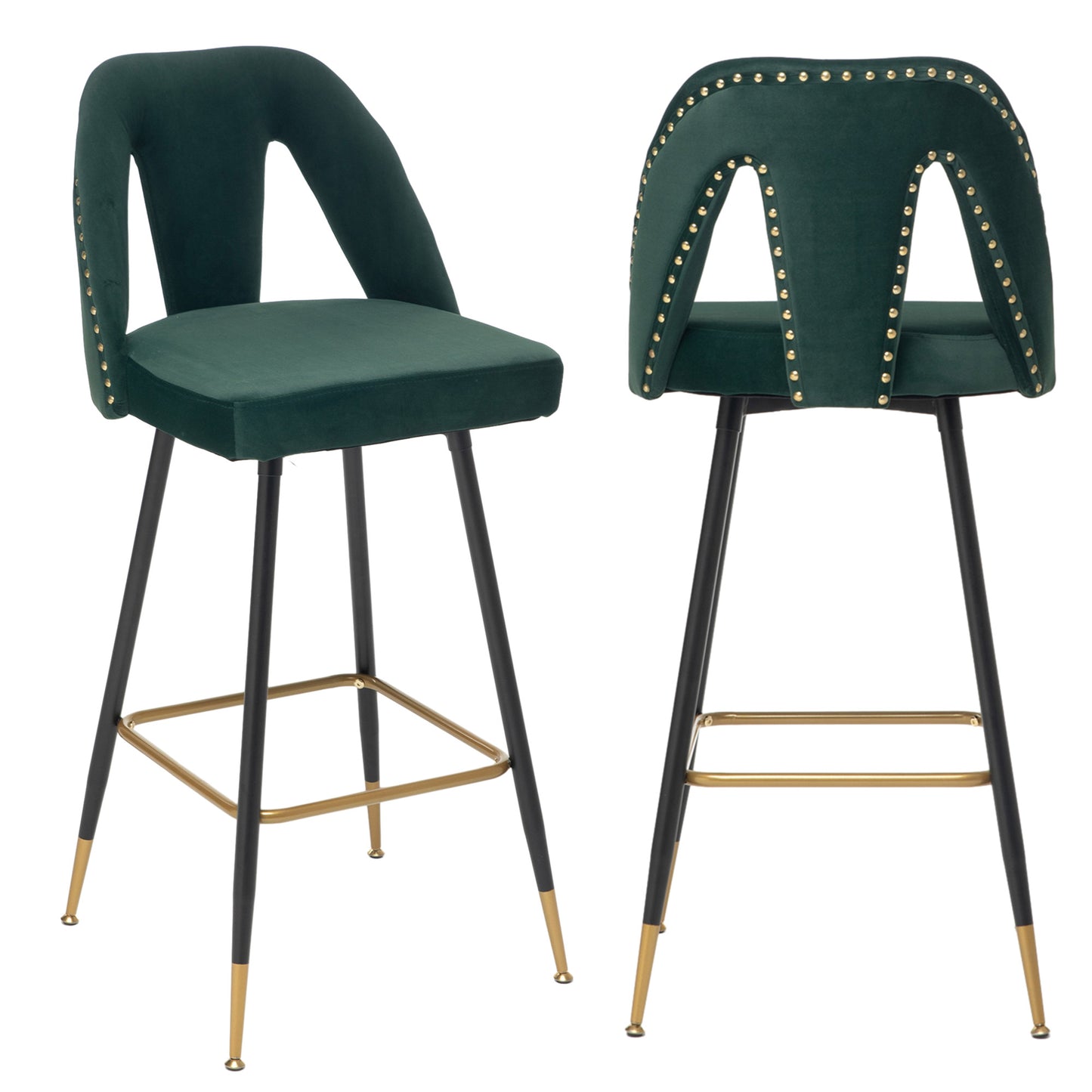 Counter Height Bar Stools Set of 2, Velvet Upholstered Bar Chairs with Nailheads & Gold Tipped Black Metal Legs, Beige