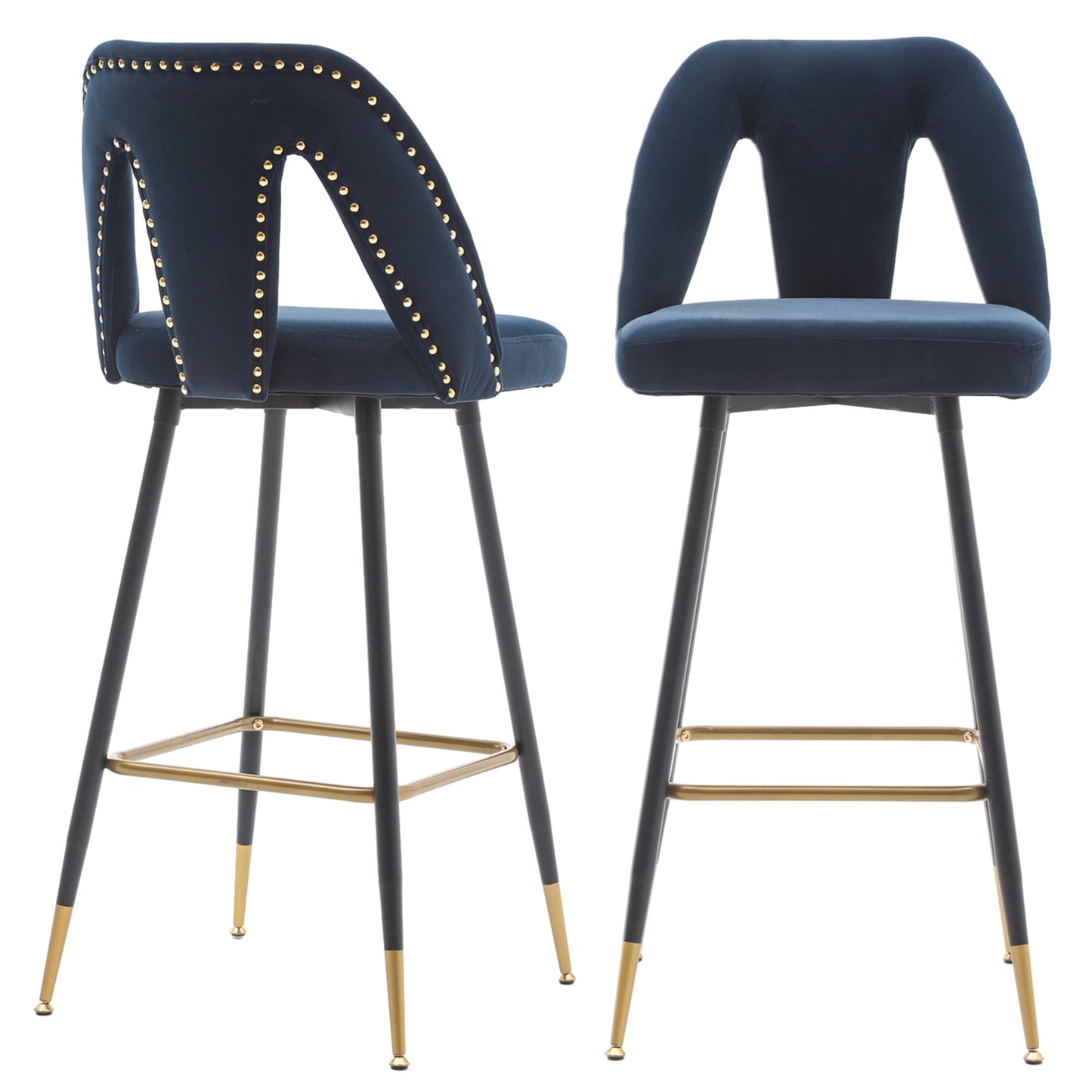 Counter Height Bar Stools Set of 2, Velvet Upholstered Bar Chairs with Nailheads & Gold Tipped Black Metal Legs, Beige