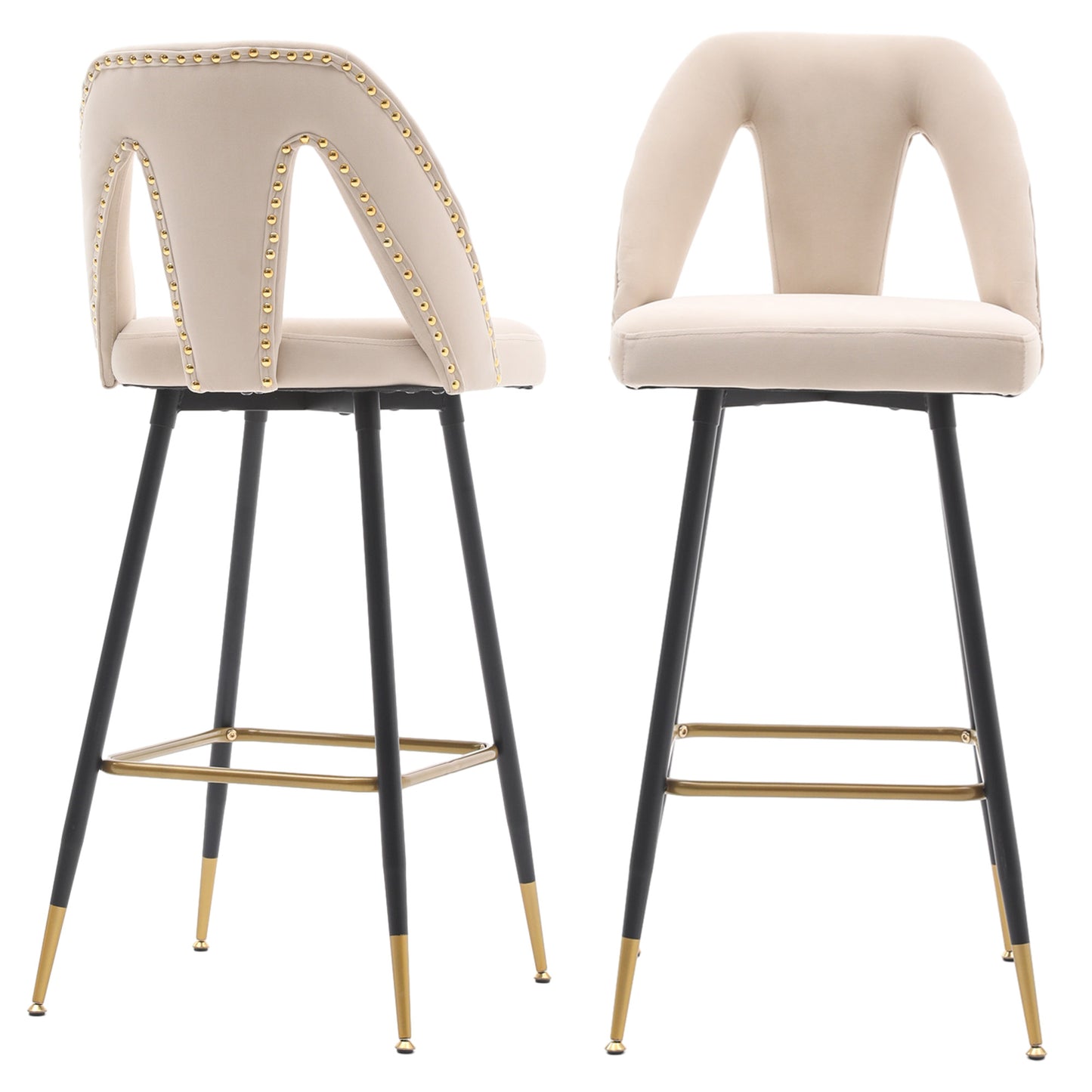 Counter Height Bar Stools Set of 2, Velvet Upholstered Bar Chairs with Nailheads & Gold Tipped Black Metal Legs, Beige