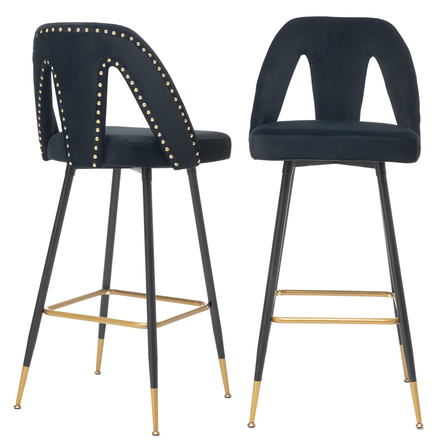 Counter Height Bar Stools Set of 2, Velvet Upholstered Bar Chairs with Nailheads & Gold Tipped Black Metal Legs, Beige