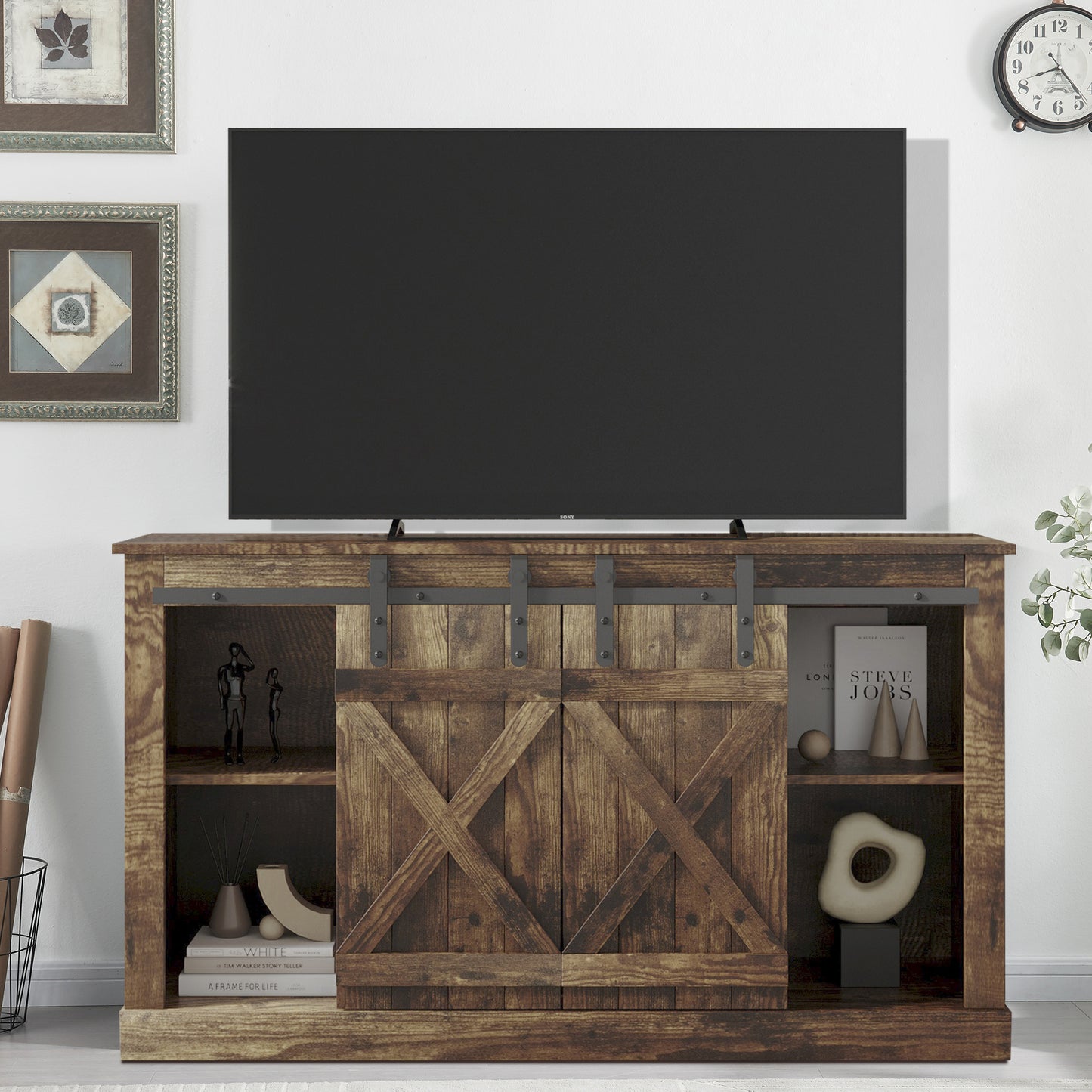 BTMWAY Farmhouse Barn Door TV Stand, Gray Sliding Barn Door TV Console Table, Entertainment Center, Rustic Style TV Cabinet with Storage