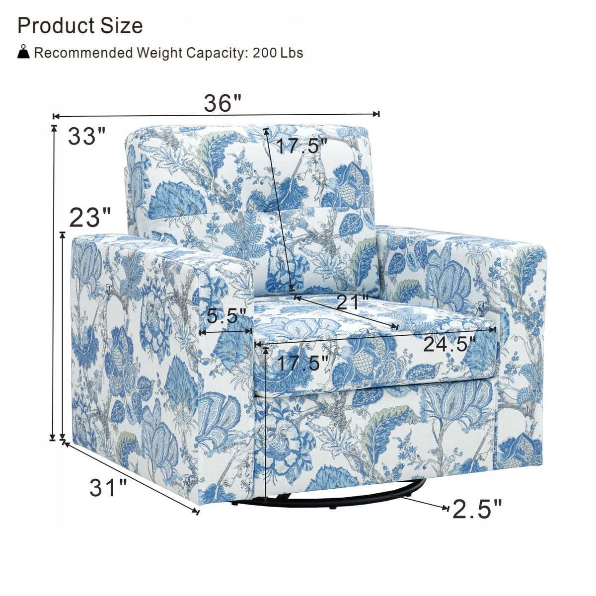 360° Swivel Accent Chair, LEGAHOME 36.0" Wide Modern Swivel Arm Chair for Living Room, Rotating Comfy Club Reading Chair, Blue Floral
