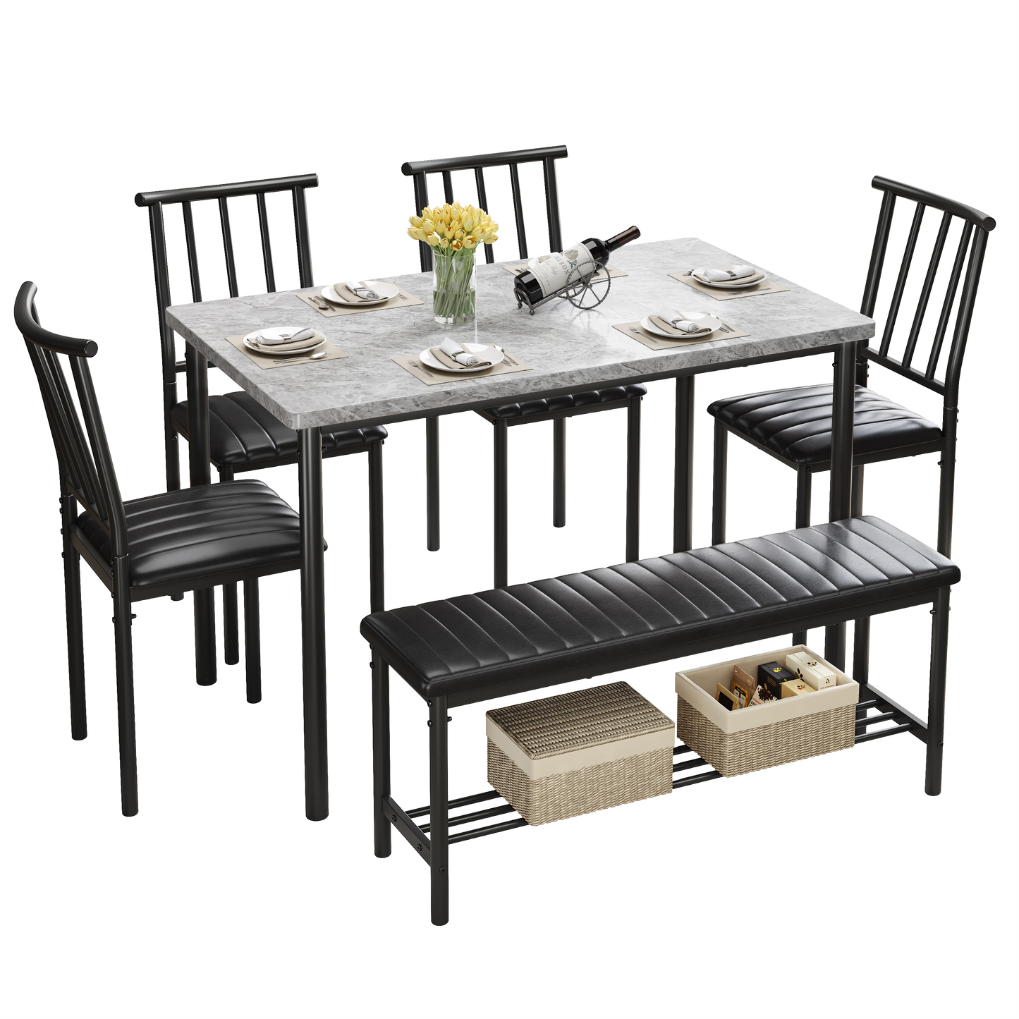 Dining Table Set for 6, Modern Faux Marble Dining Room Table Sets with 4 Leatherette Chairs&1 Bench, Rectangular Kitchen Table and Chairs Set for Apartment, Space Saves Gray Table and Leather Chairs