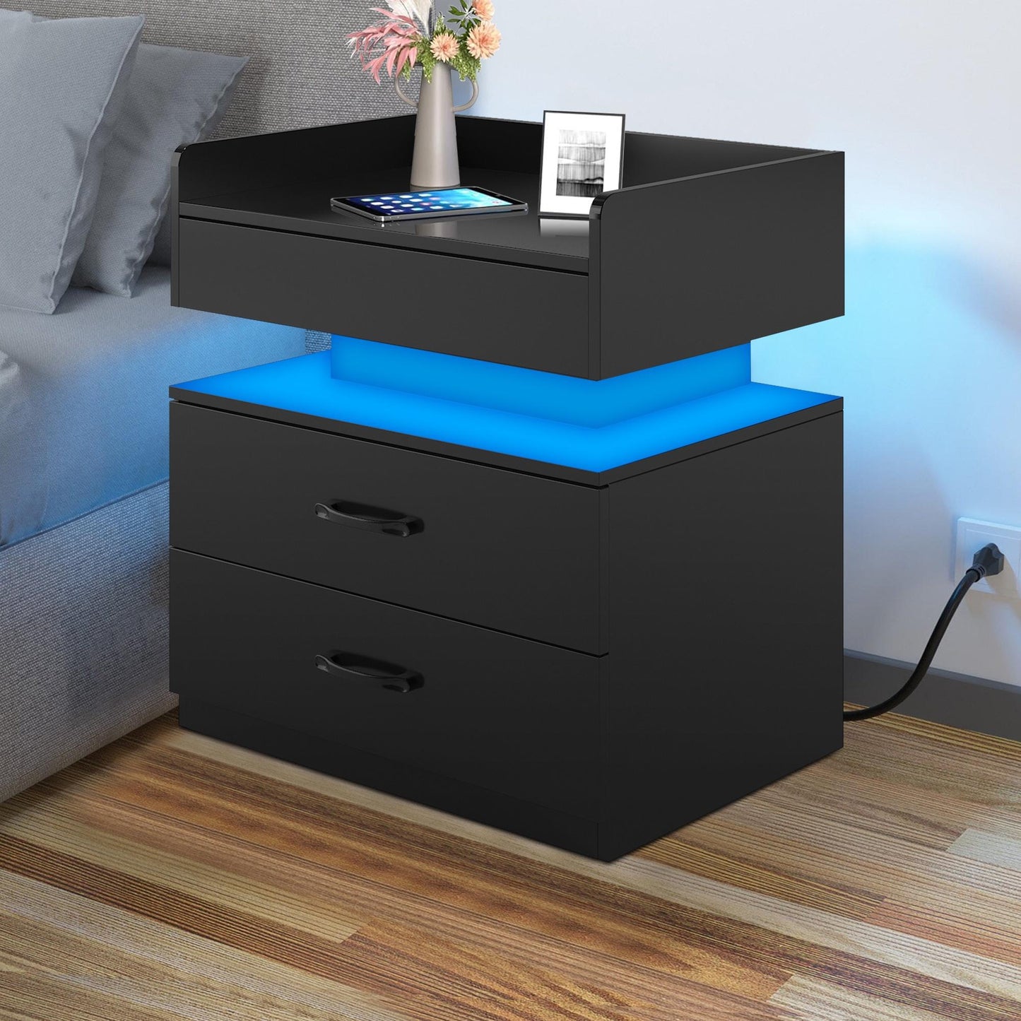 iRerts Side Table with Charging Station, Wood Nightstand with Drawers and LED Lights, Bedside Table with Plug Outlets, 2 USB Ports, Modern End Side Table for Bedroom Living Room Office, Black