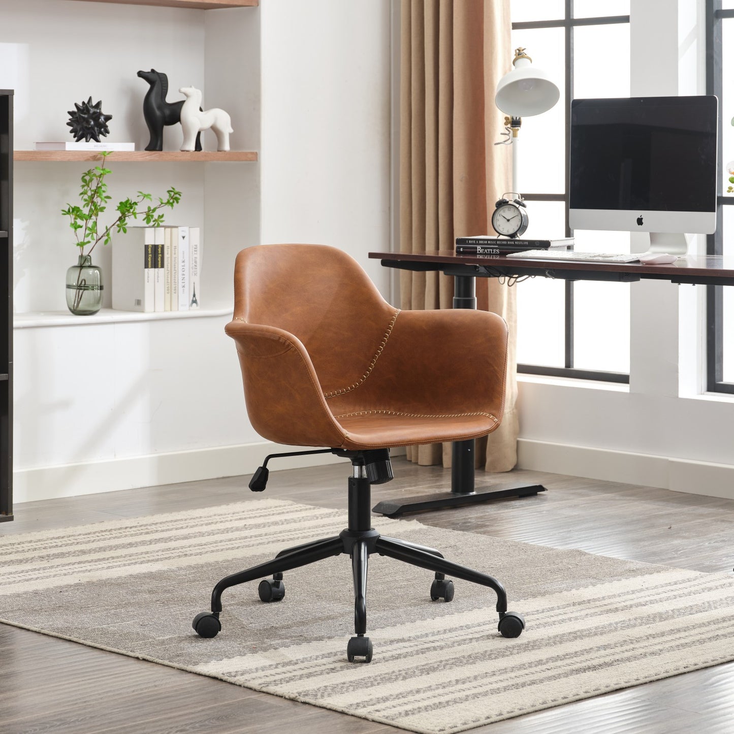 Ergonomic Office Chair, Retro Adjustable Upholstered Swivel Desk Chair with Arms, Wide Comfty Mid Back Rolling ComUpholsteredter Chair, Brown