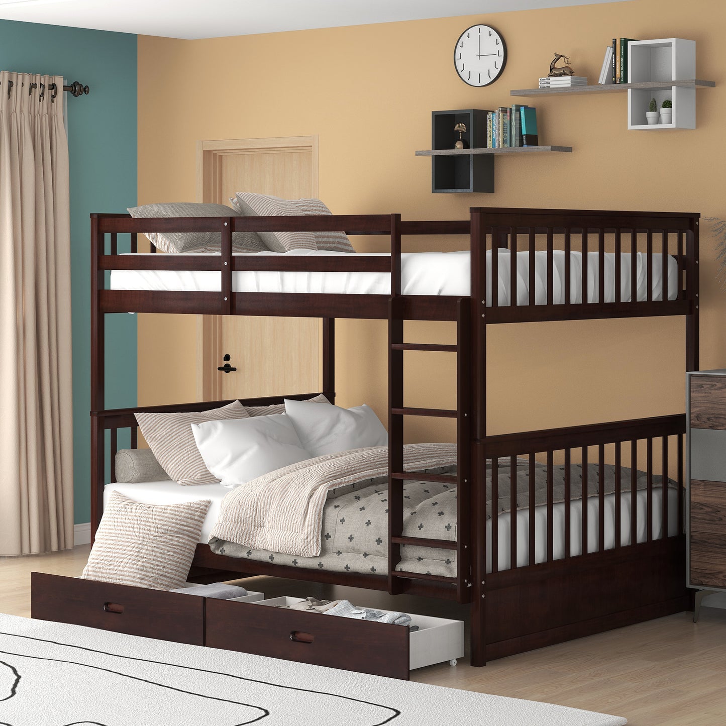 White Full Over Full Bunk Bed with Storage, Modern Solid Wood Bunk Bed Frame with Ladder and 2 Drawers, Can Be Divided Into 2 Beds, Full Size Bunk Bed for Kids Boys Girls Teens, 80" x 58.7" x 64.6"