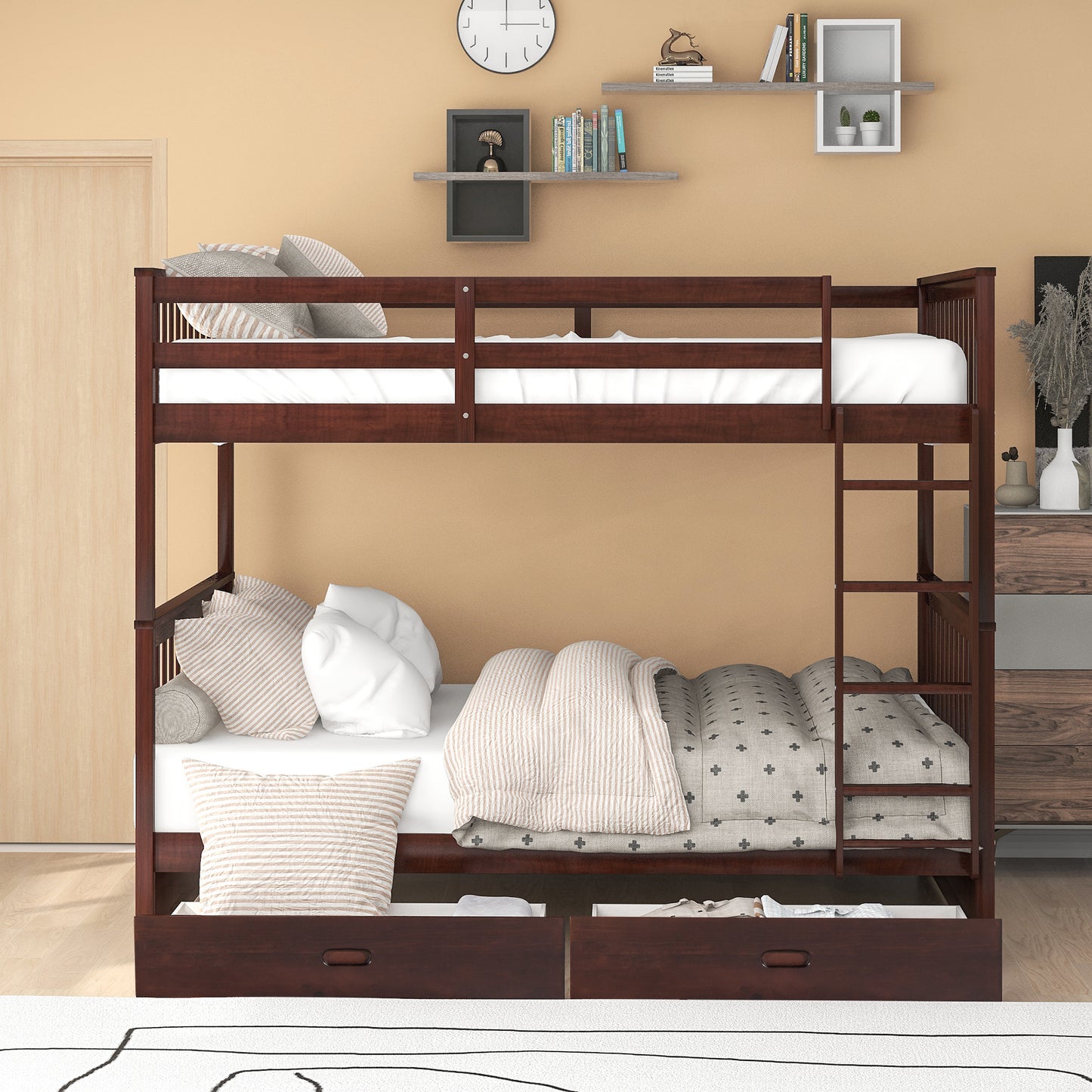 White Full Over Full Bunk Bed with Storage, Modern Solid Wood Bunk Bed Frame with Ladder and 2 Drawers, Can Be Divided Into 2 Beds, Full Size Bunk Bed for Kids Boys Girls Teens, 80" x 58.7" x 64.6"