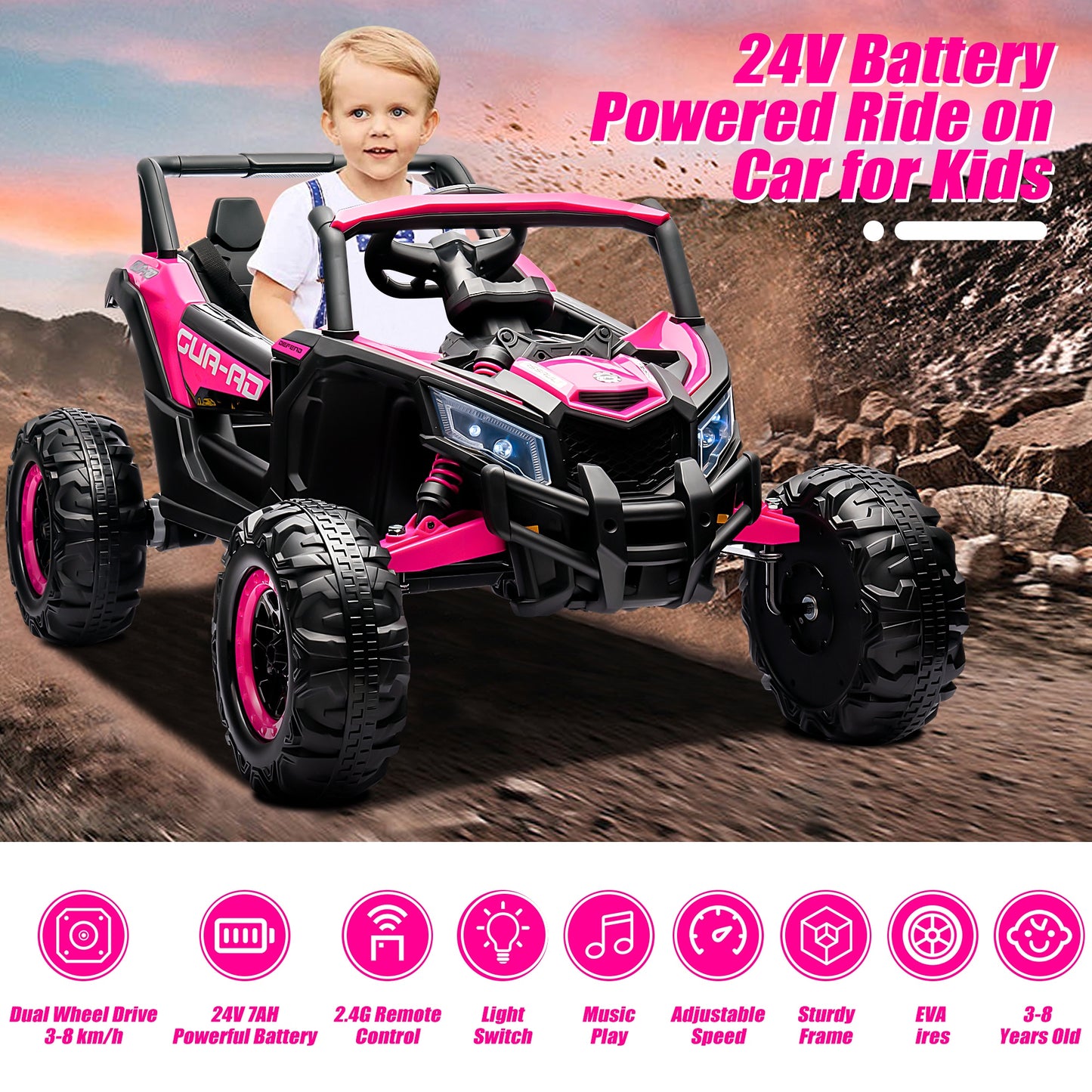 Powered Ride on Toy UTV for Boys, 24 Volt Ride on Cars with Remote Control, Bluetooth, Music Player, Spring Suspension, LED Lights, Larger Seat 4 Wheeler Electric Cars for Kids Girls Gifts, Pink