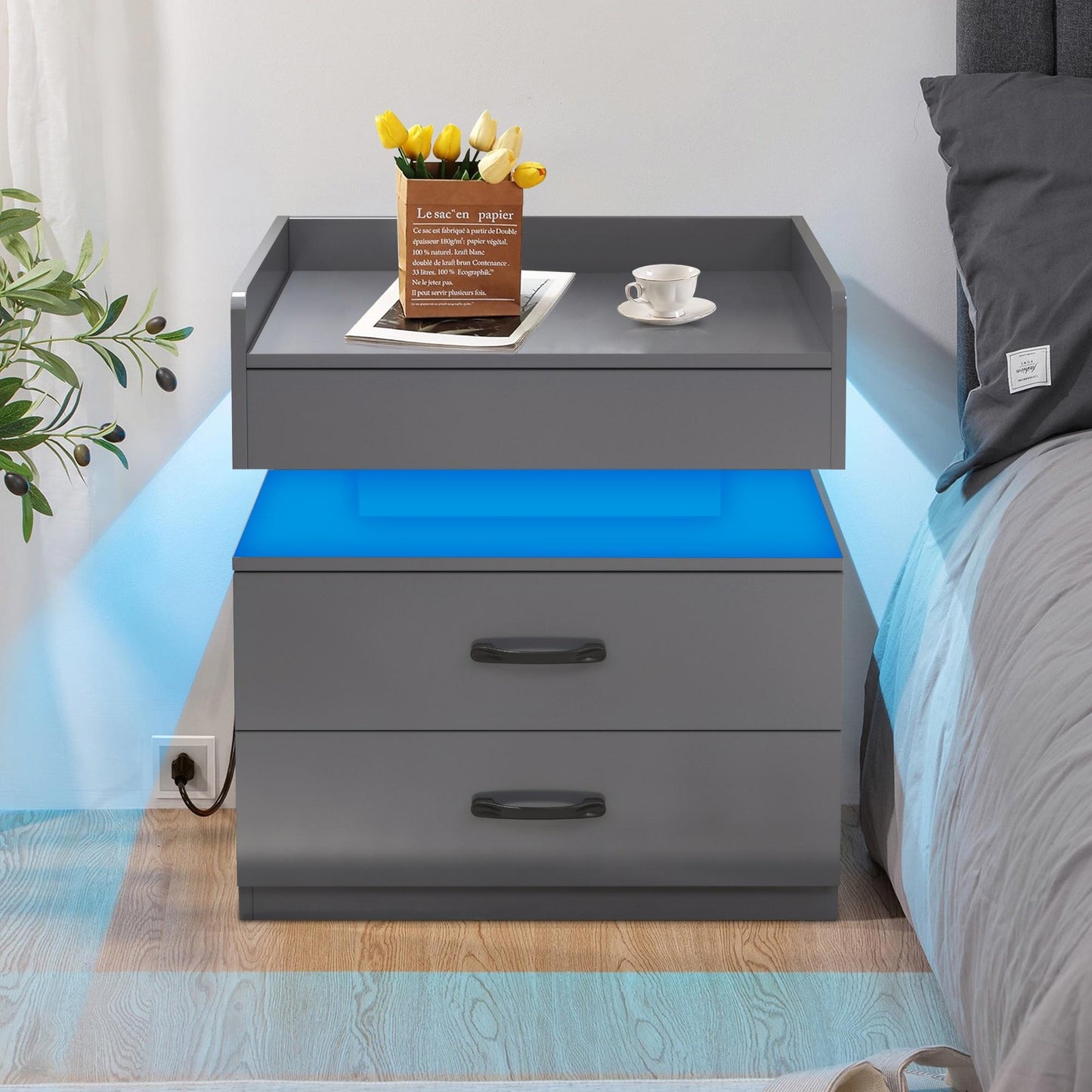 iRerts Side Table with Charging Station, Wood Nightstand with Drawers and LED Lights, Bedside Table with Plug Outlets, 2 USB Ports, Modern End Side Table for Bedroom Living Room Office, Gray