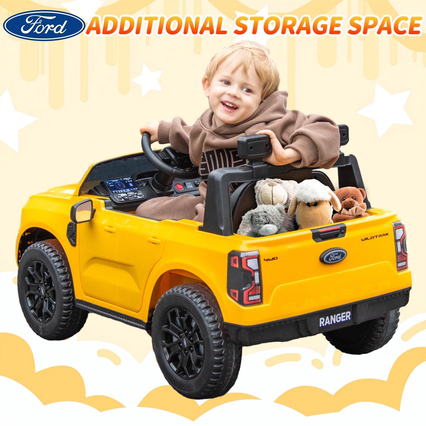 Legahome Yellow 12V Ford Ranger Powered Ride on Car with Remote Control, Kids Electric Car for Boys Girls 3-6 Ages, Kids Ride on Toys with Bluetooth, Music, USB Port, Horn, LED Lights