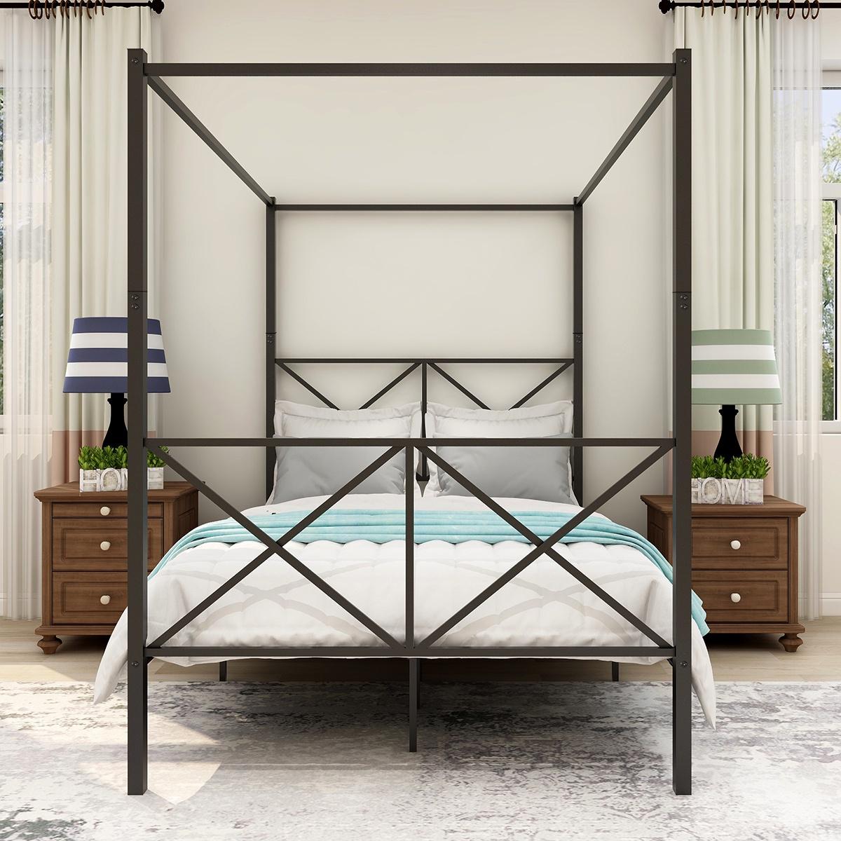 Queen Canopy Bed Frame, BTMWAY Queen Size Metal Platform Bed, Modern Bedroom Furniture Canopy Platform Bed with X Shaped Headboard and Footboard, 600lbs Capacity, No Box Spring Needed, Black