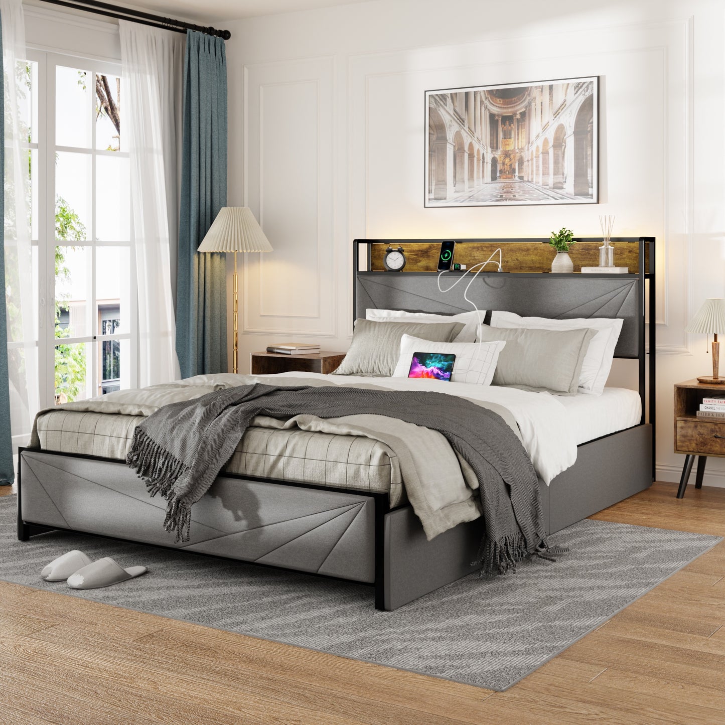 Full Size Upholstered Bed Frame with 4 Drawers, Modern Platform Bed with Storage Headboard and USB Ports, Sturdy Metal Slat Support, No Box Spring Needed, Dark Grey