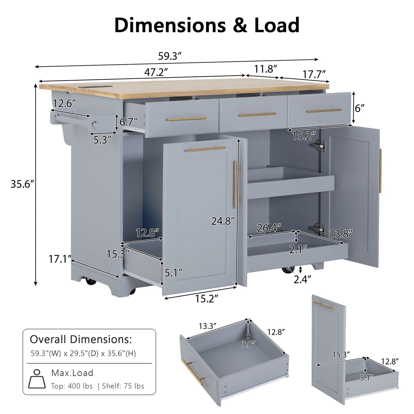 LEGAHOME 59.3” Kitchen Island with Rubberwood Drop-Leaf Top