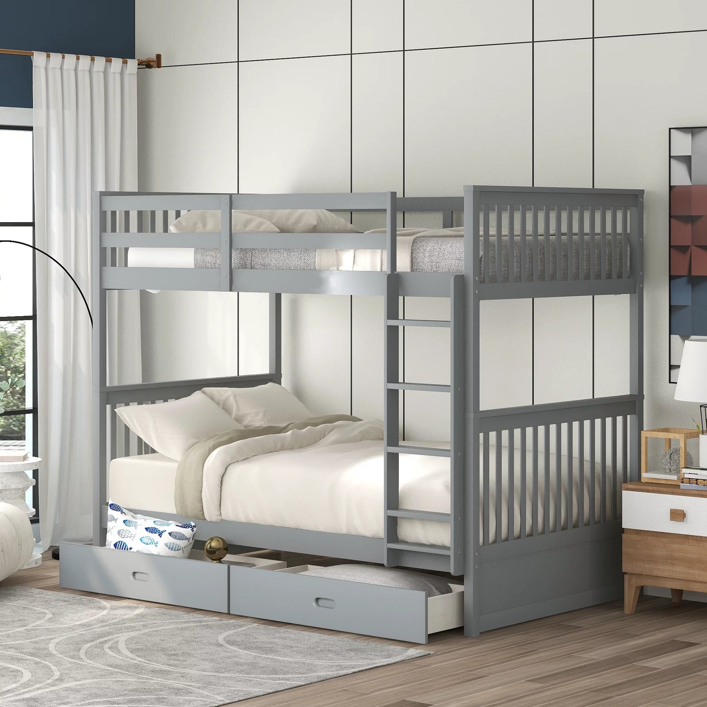 White Full Over Full Bunk Bed with Storage, Modern Solid Wood Bunk Bed Frame with Ladder and 2 Drawers, Can Be Divided Into 2 Beds, Full Size Bunk Bed for Kids Boys Girls Teens, 80" x 58.7" x 64.6"