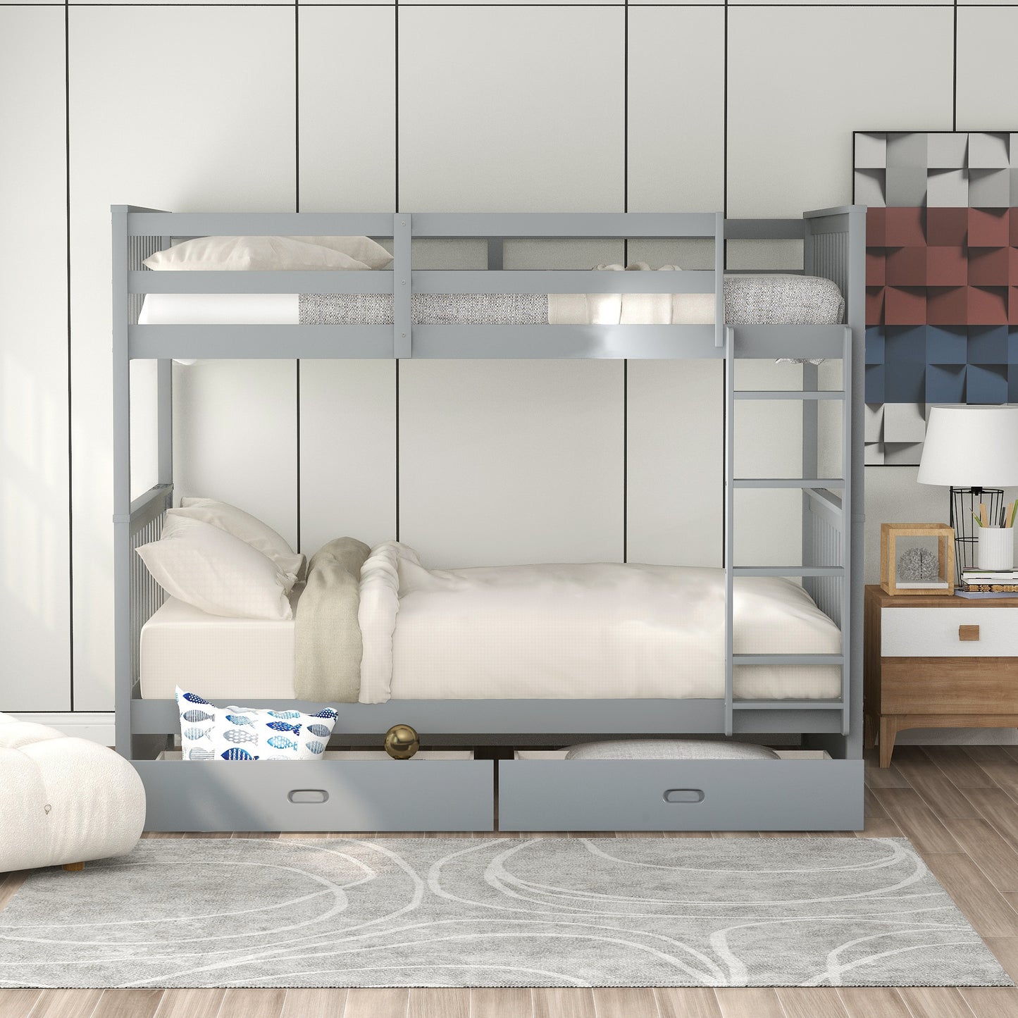 White Full Over Full Bunk Bed with Storage, Modern Solid Wood Bunk Bed Frame with Ladder and 2 Drawers, Can Be Divided Into 2 Beds, Full Size Bunk Bed for Kids Boys Girls Teens, 80" x 58.7" x 64.6"