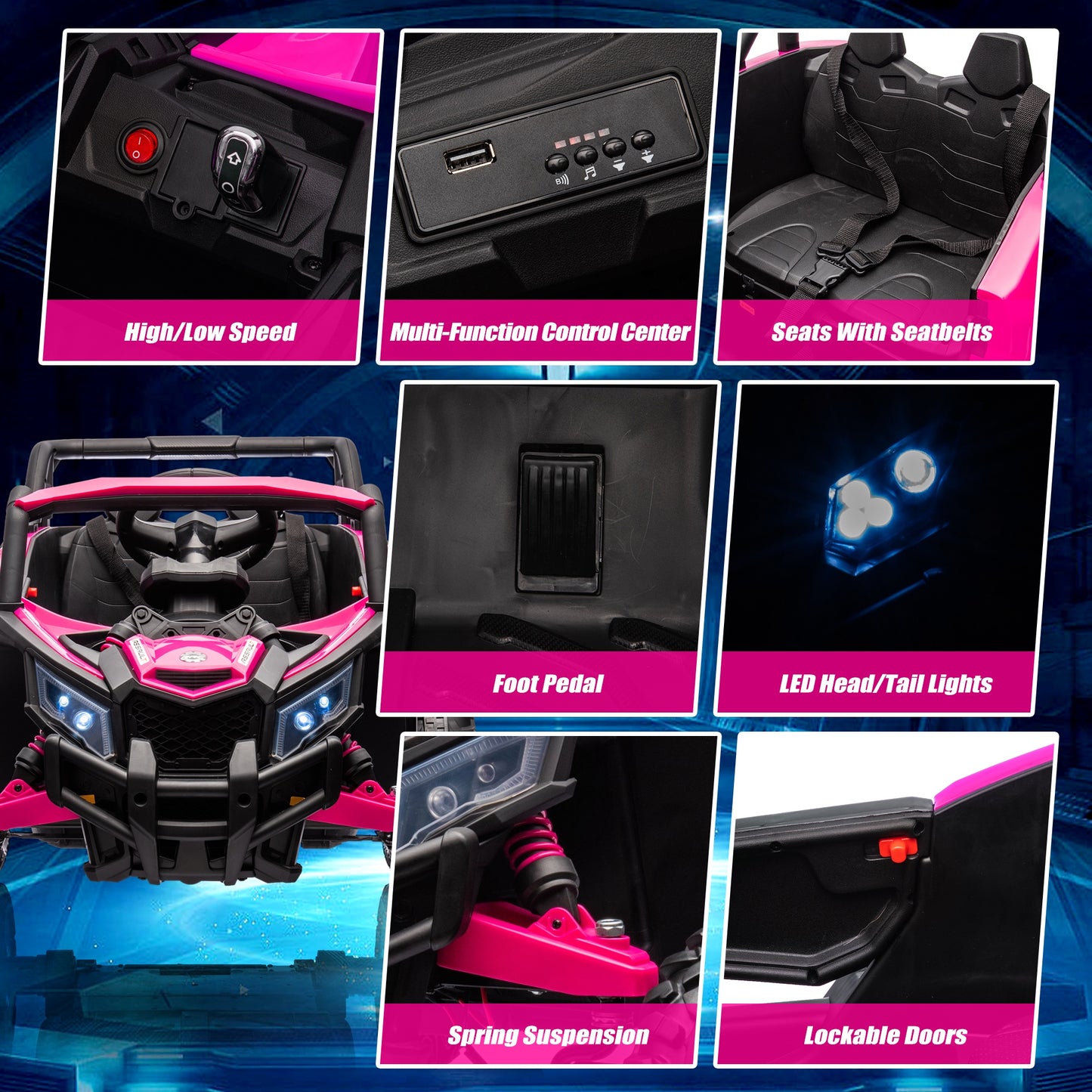 Powered Ride on Toy UTV for Boys, 24 Volt Ride on Cars with Remote Control, Bluetooth, Music Player, Spring Suspension, LED Lights, Larger Seat 4 Wheeler Electric Cars for Kids Girls Gifts, Pink