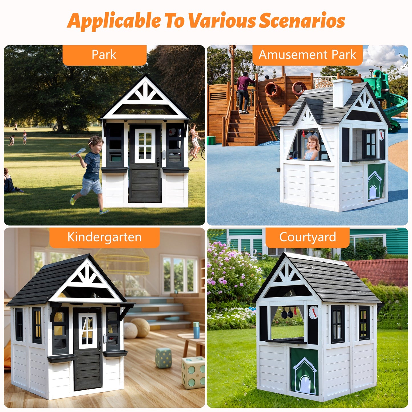Legahome Outdoor Playhouse, Wooden Playhouse for Kids Outdoor, Kids Play House with Front Door, Flower Pot Holders, Stove, Sink, Doorbell, Windows, Indoor Outdoor Kids Play Equipment Gift for Ages 2+