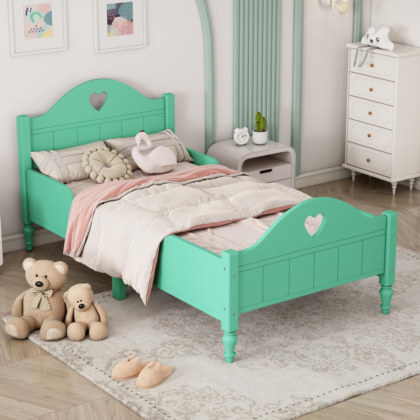 Twin Bed Frames for Girls, Princess Bed Platform No Box Spring Needed, Wood Twin Size Bed Frame with Headboard and Footboard, Side Safety Rails, Macaron Pink