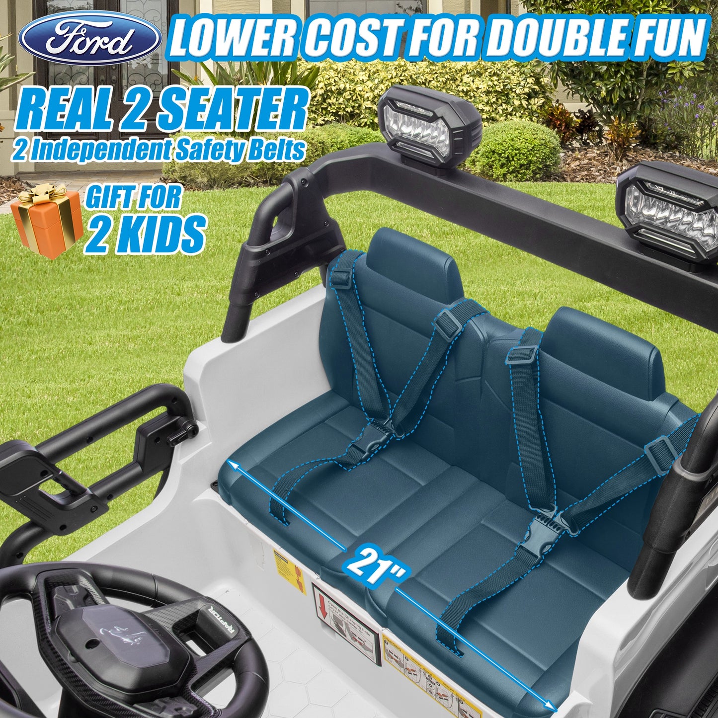24V 2 Seater Ride on Toy Car, Licensed Ford Bronco Raptor Ride on Trucks with Remote Control, Bluetooth Music Player, Spring Suspension, Battery Powered Electric Car for Kids Boys Girl Ages 3-8, White