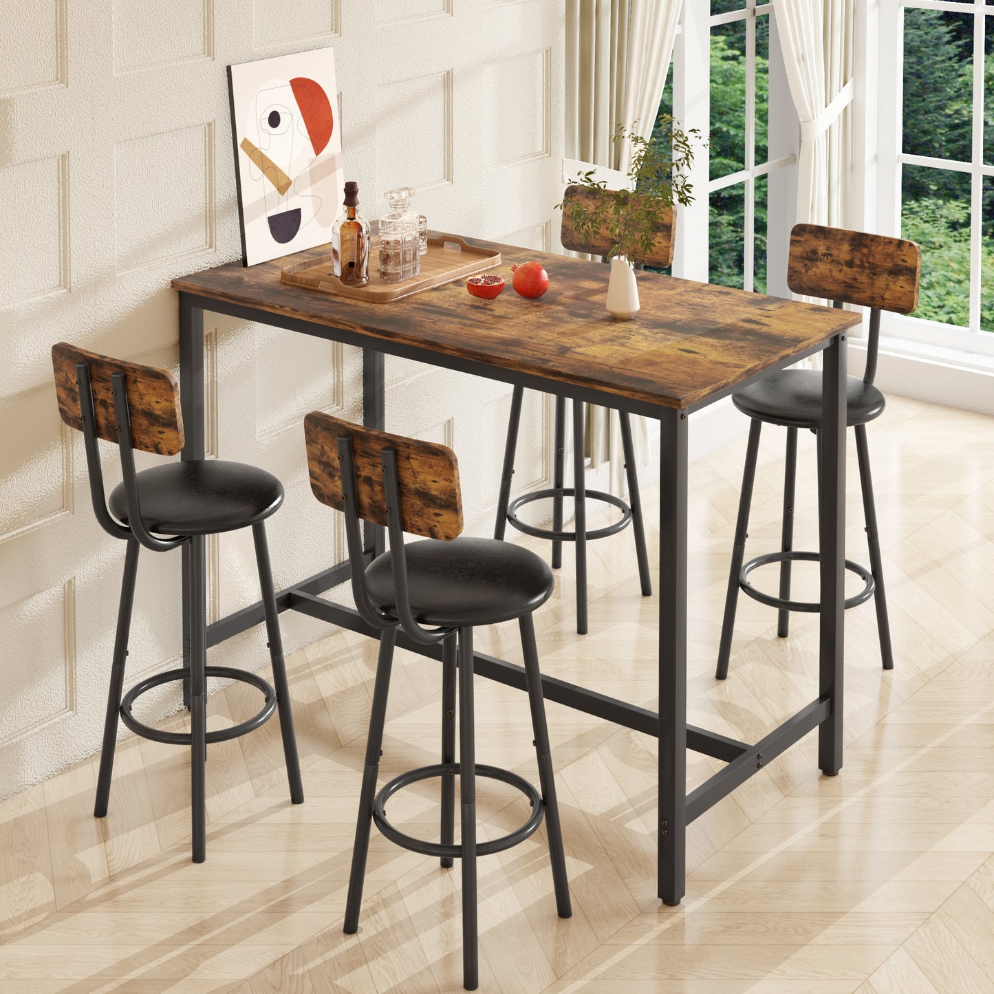 Counter Height Table Set of 4, LEAGHOME Bar Table Set for 4, Kitchen Dining Set with 4 Backrest Chairs, Rectangle Dinette Pub Table Set, Bar Table and Chairs Set for Kitchen Breakfast Nook, Brown