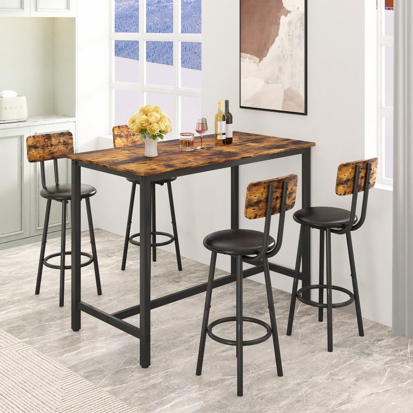 Counter Height Table Set of 4, LEAGHOME Bar Table Set for 4, Kitchen Dining Set with 4 Backrest Chairs, Rectangle Dinette Pub Table Set, Bar Table and Chairs Set for Kitchen Breakfast Nook, Brown
