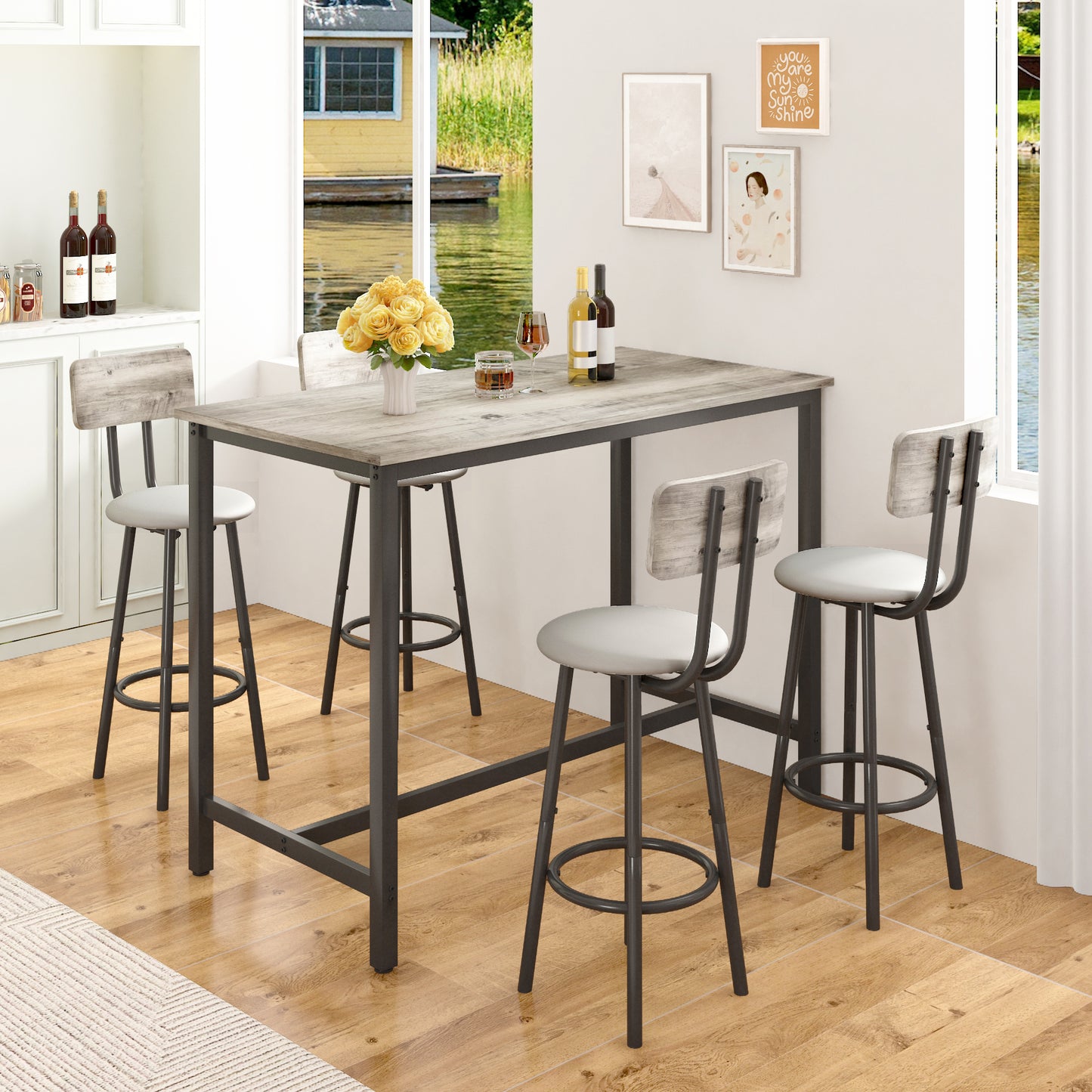Counter Height Table Set of 4, LEAGHOME Bar Table Set for 4, Kitchen Dining Set with 4 Backrest Chairs, Rectangle Dinette Pub Table Set, Bar Table and Chairs Set for Kitchen Breakfast Nook, Brown