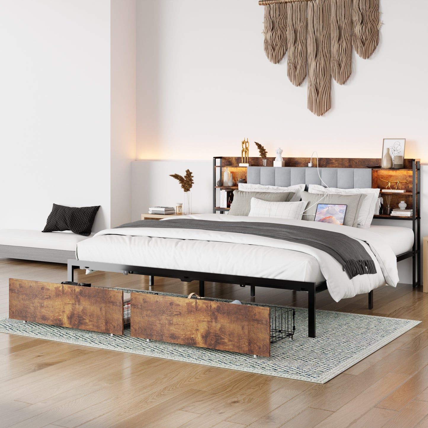 Queen Size Bed Frame with LED Lights Headboard, Upholstered Metal Platform Bed with 2 Storage Drawers and Charging Station