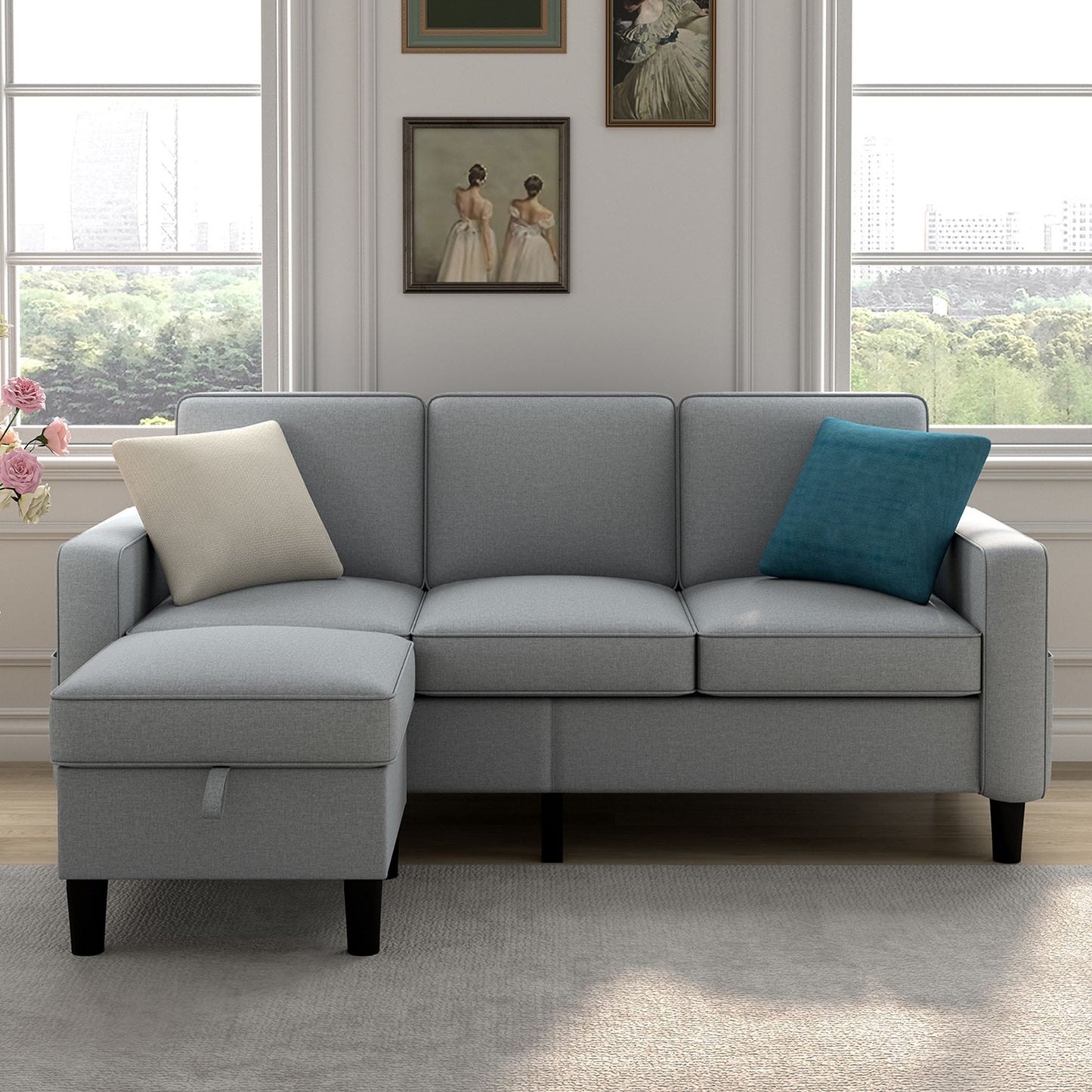 Convertible Sectional Sofa with Storage Ottoman, Modern 3 Seater Modular Sectional Couch, Dark Gray