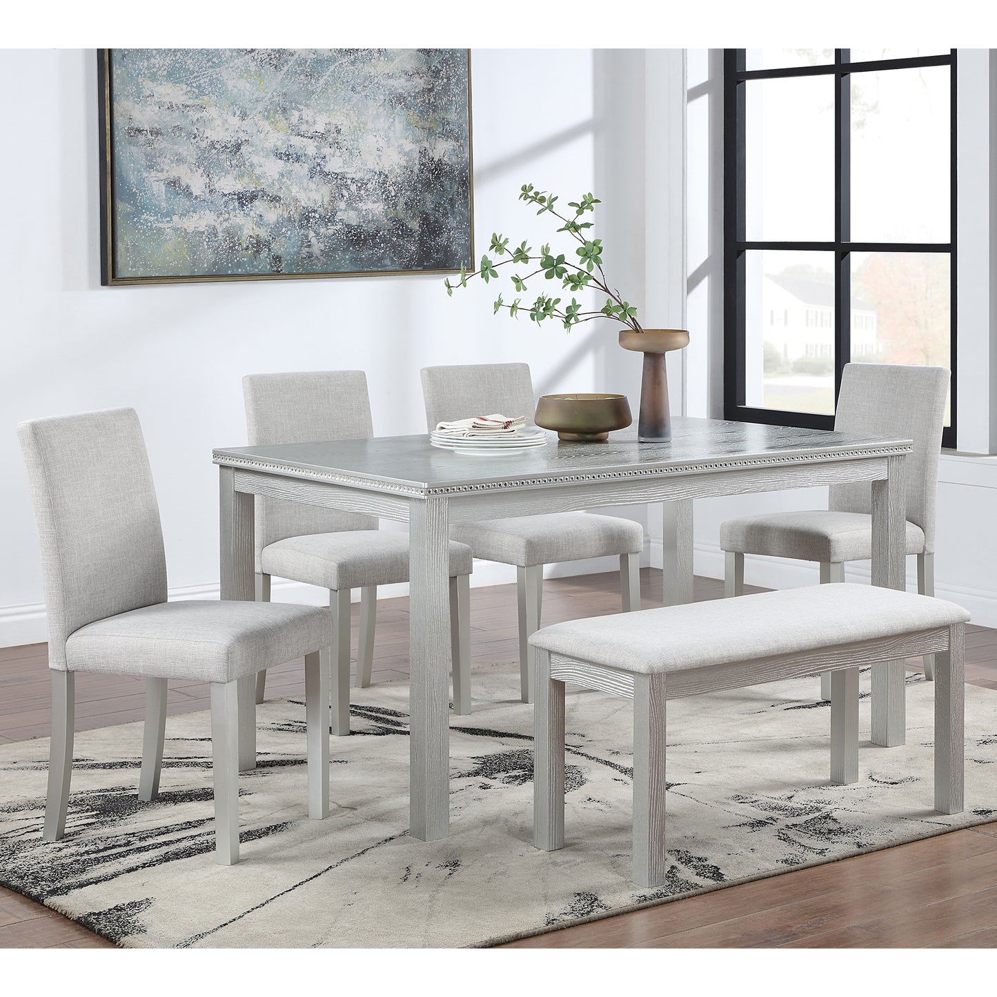 6 Piece Dining Room Set, Farmhouse Rubber Wood Dining Table Set for 6